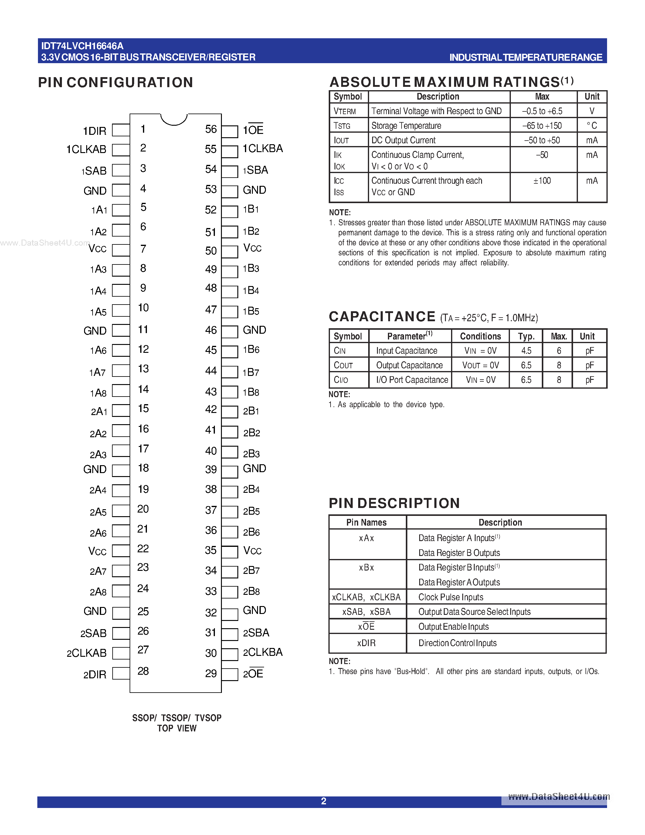 Datasheet IDT74LVCH16646A - 3.3V CMOS 16-BIT BUS TRANSCEIVER/REGISTER page 2