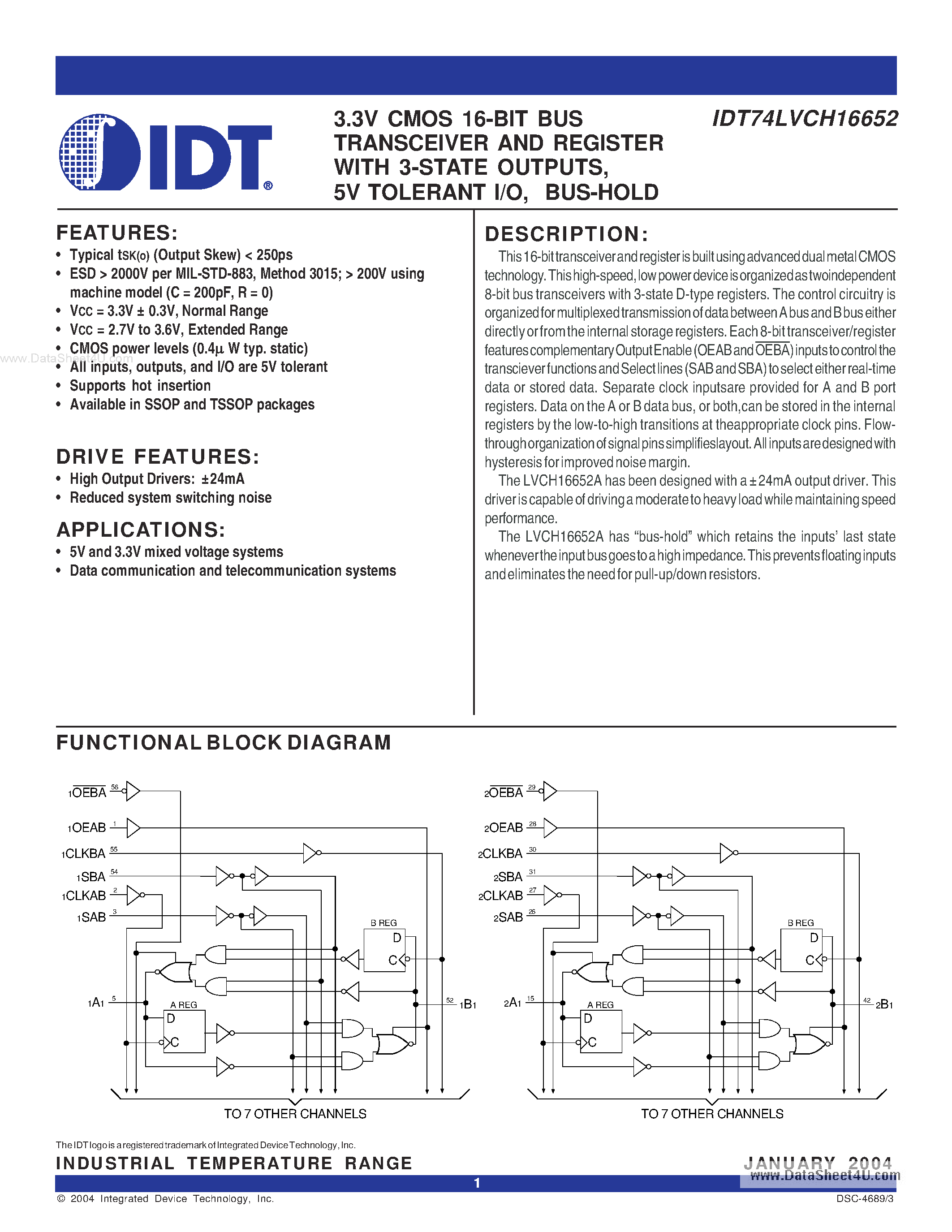 Datasheet IDT74LVCH16652 - 3.3V CMOS 16-BIT BUS TRANSCEIVER AND REGISTER page 1