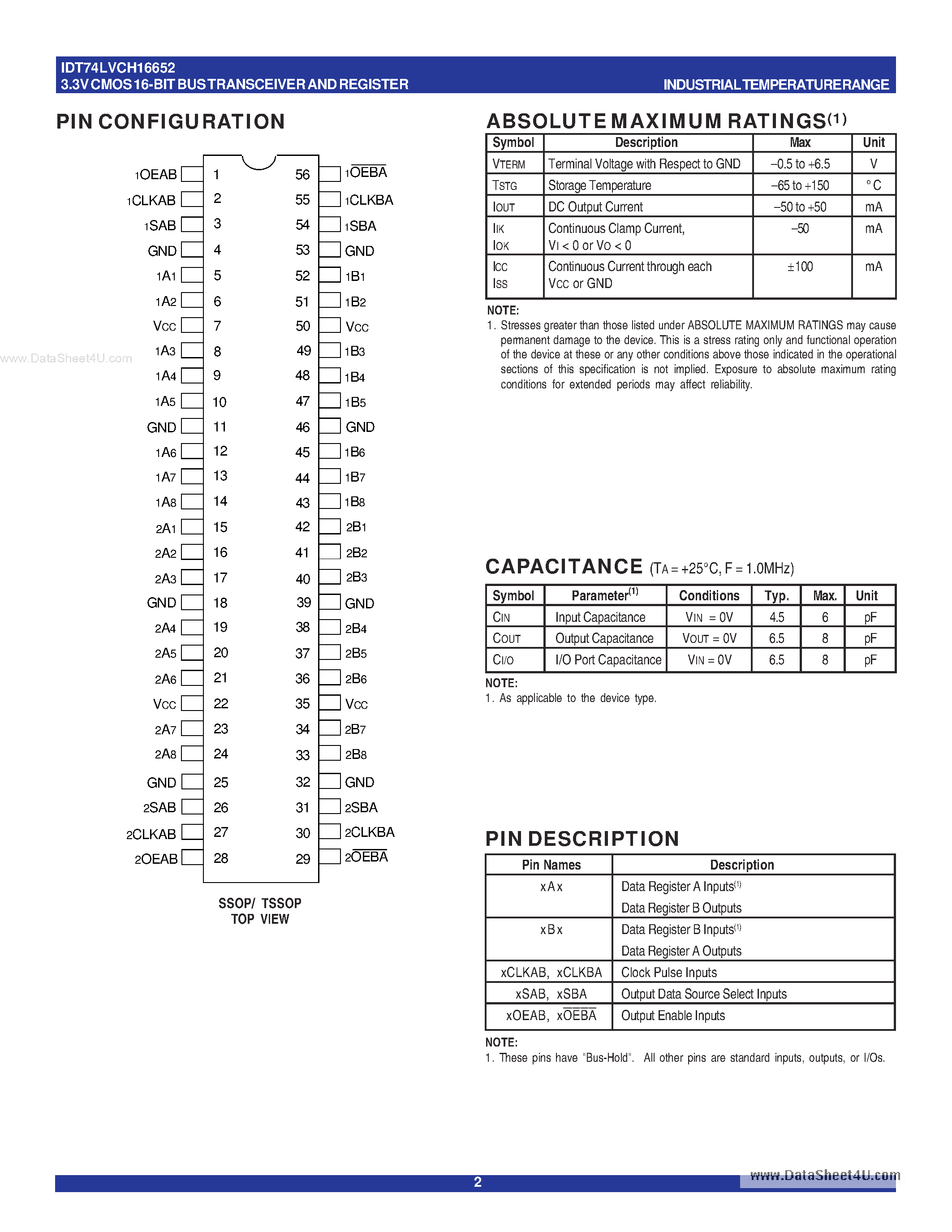 Datasheet IDT74LVCH16652 - 3.3V CMOS 16-BIT BUS TRANSCEIVER AND REGISTER page 2