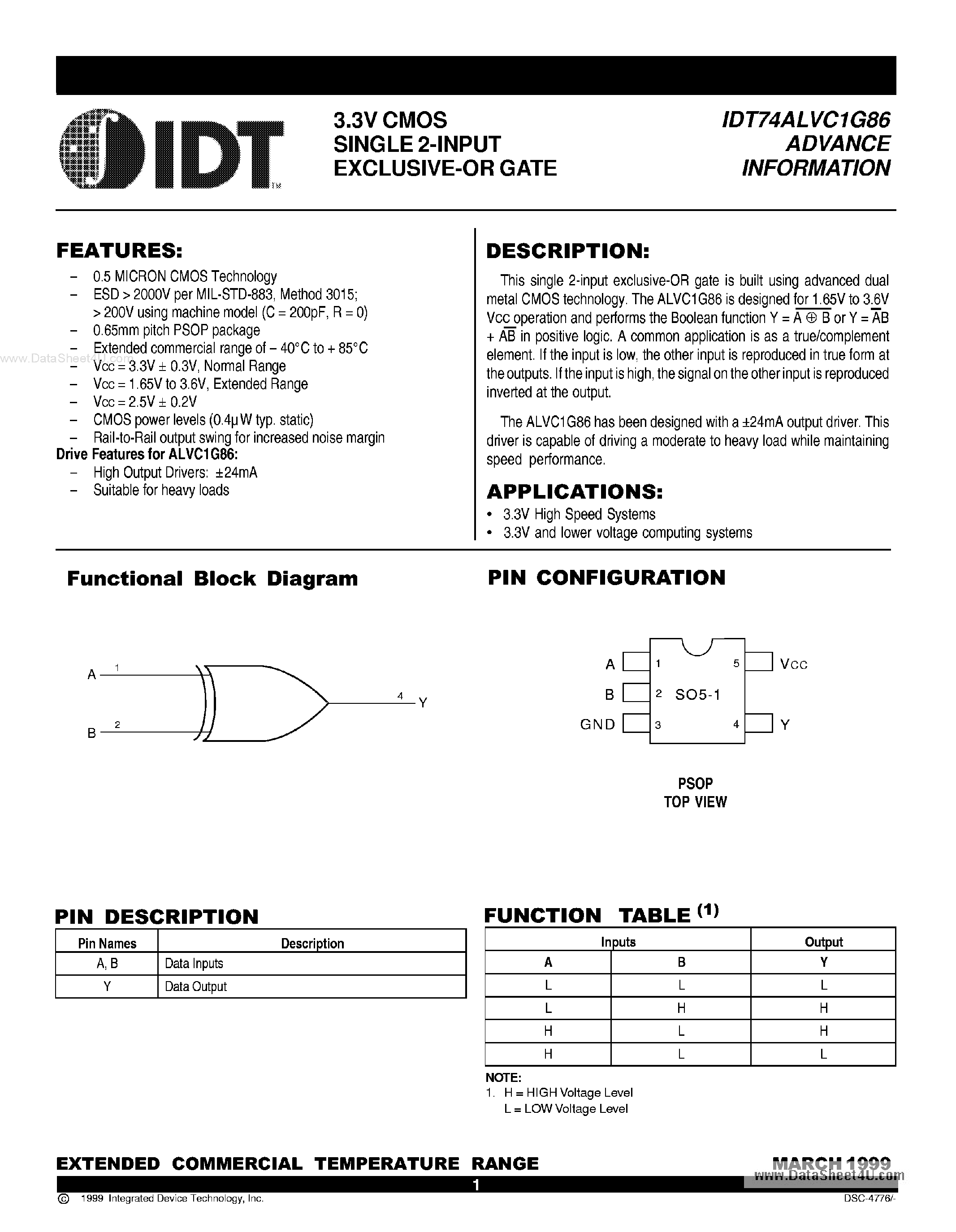 Datasheet IDT74LVCH1G86 - 3.3V CMOS SINGLE 2-INPUT EXCLUSIVE-OR GATE page 1
