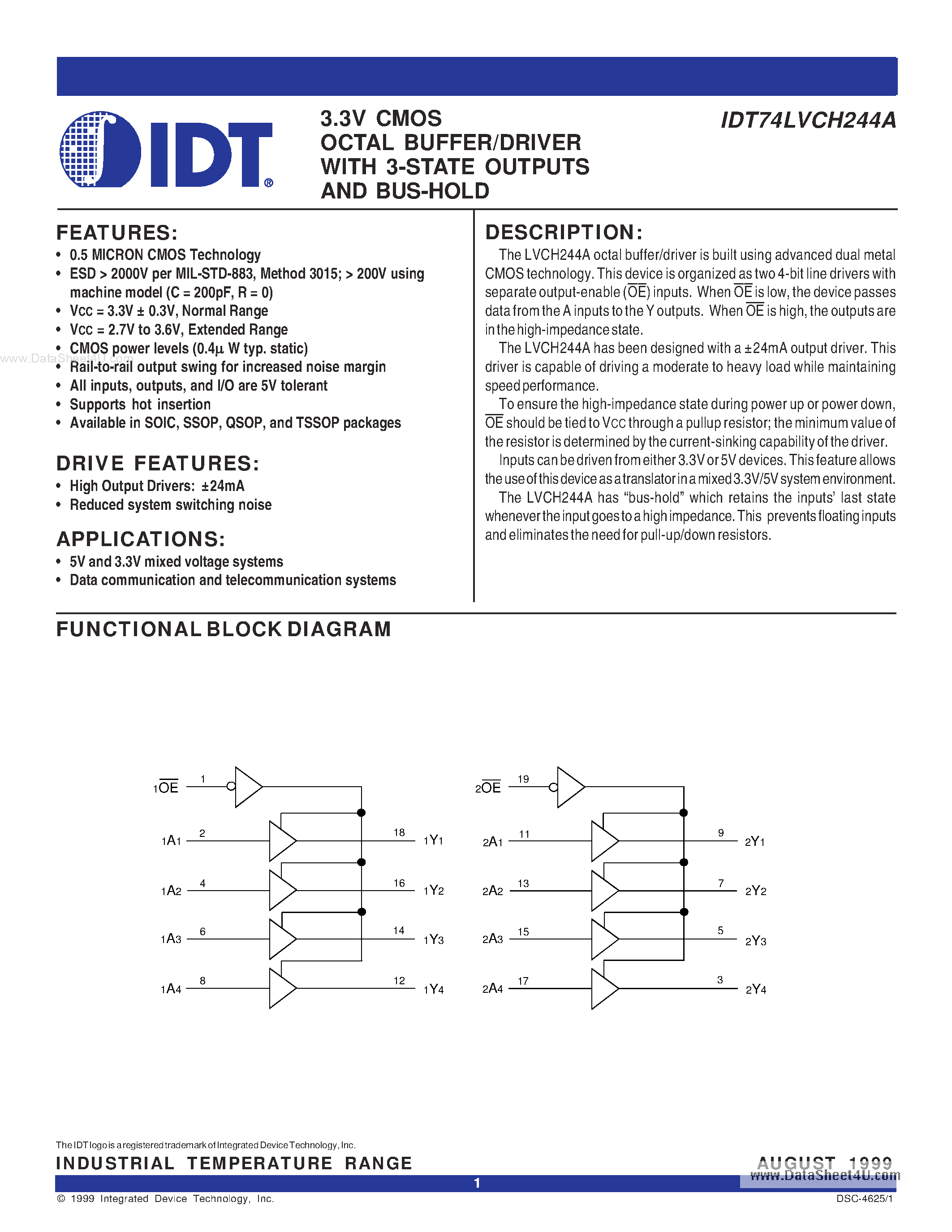 Datasheet IDT74LVCH244A - 3.3V CMOS OCTAL BUFFER/DRIVER page 1
