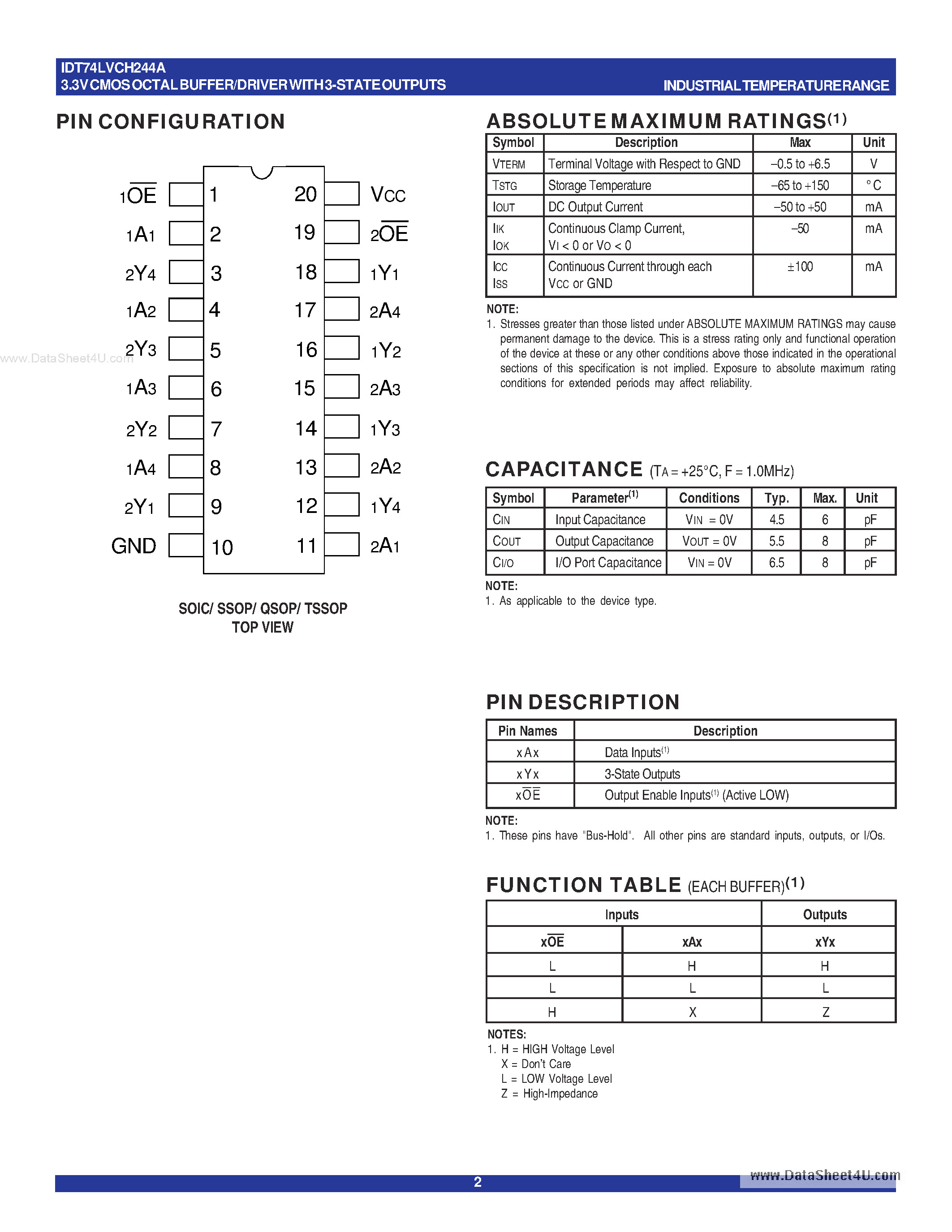 Datasheet IDT74LVCH244A - 3.3V CMOS OCTAL BUFFER/DRIVER page 2
