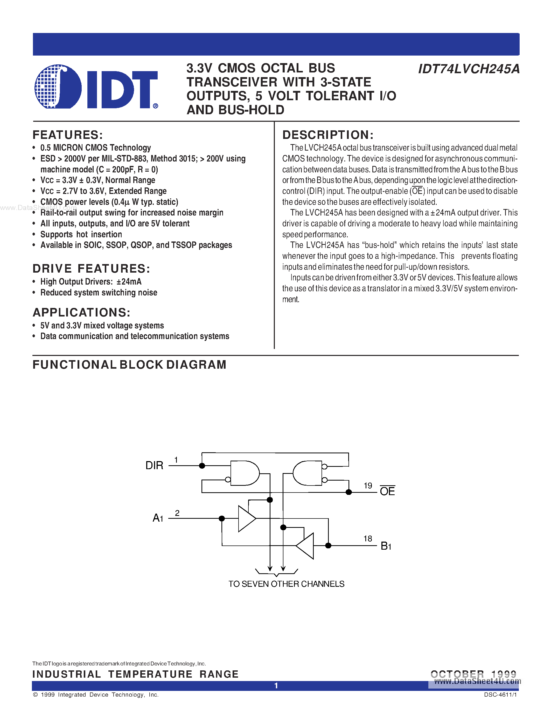 Datasheet IDT74LVCH245A - 3.3V CMOS OCTAL BUS TRANSCEIVER page 1