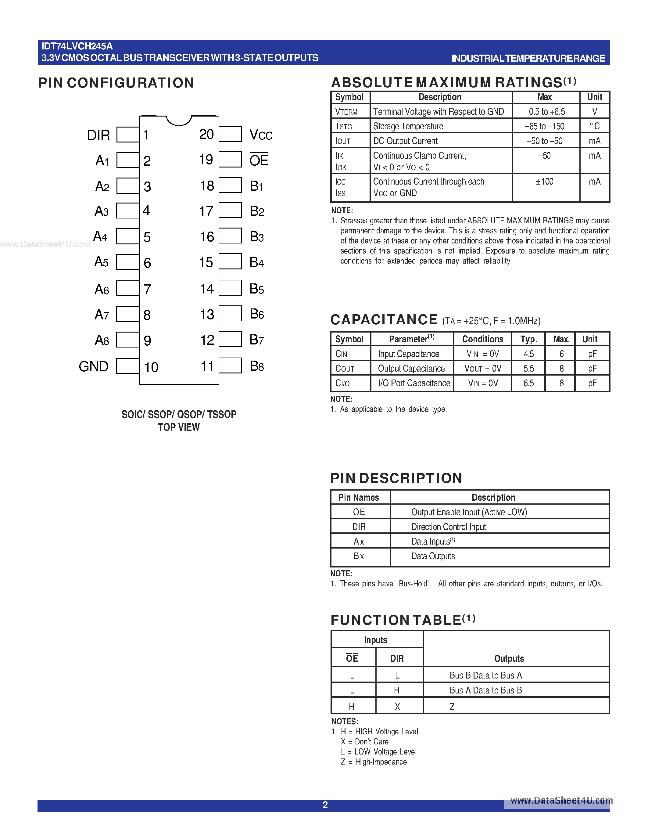 Datasheet IDT74LVCH245A - 3.3V CMOS OCTAL BUS TRANSCEIVER page 2