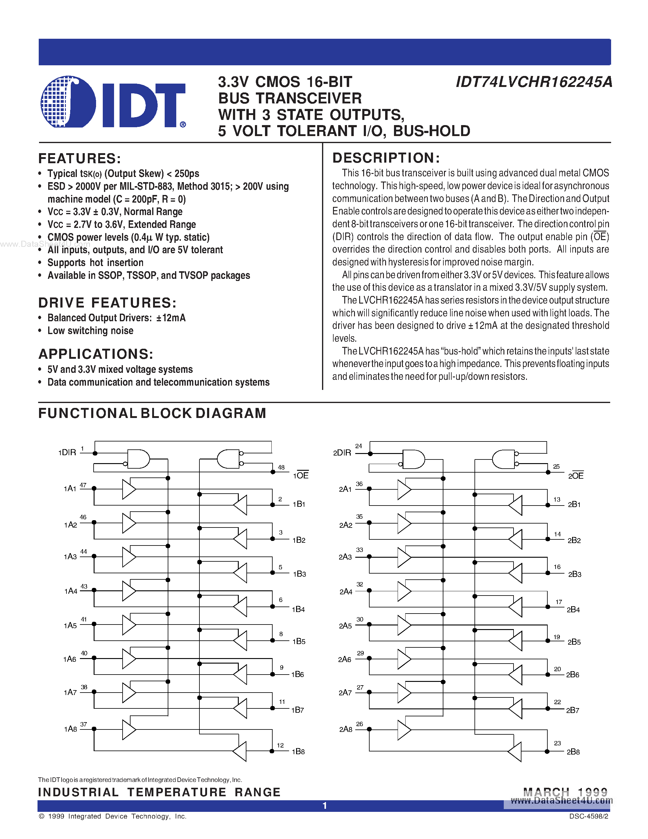Datasheet IDT74LVCHR162245A - 3.3V CMOS 16-BIT BUS TRANSCEIVER page 1