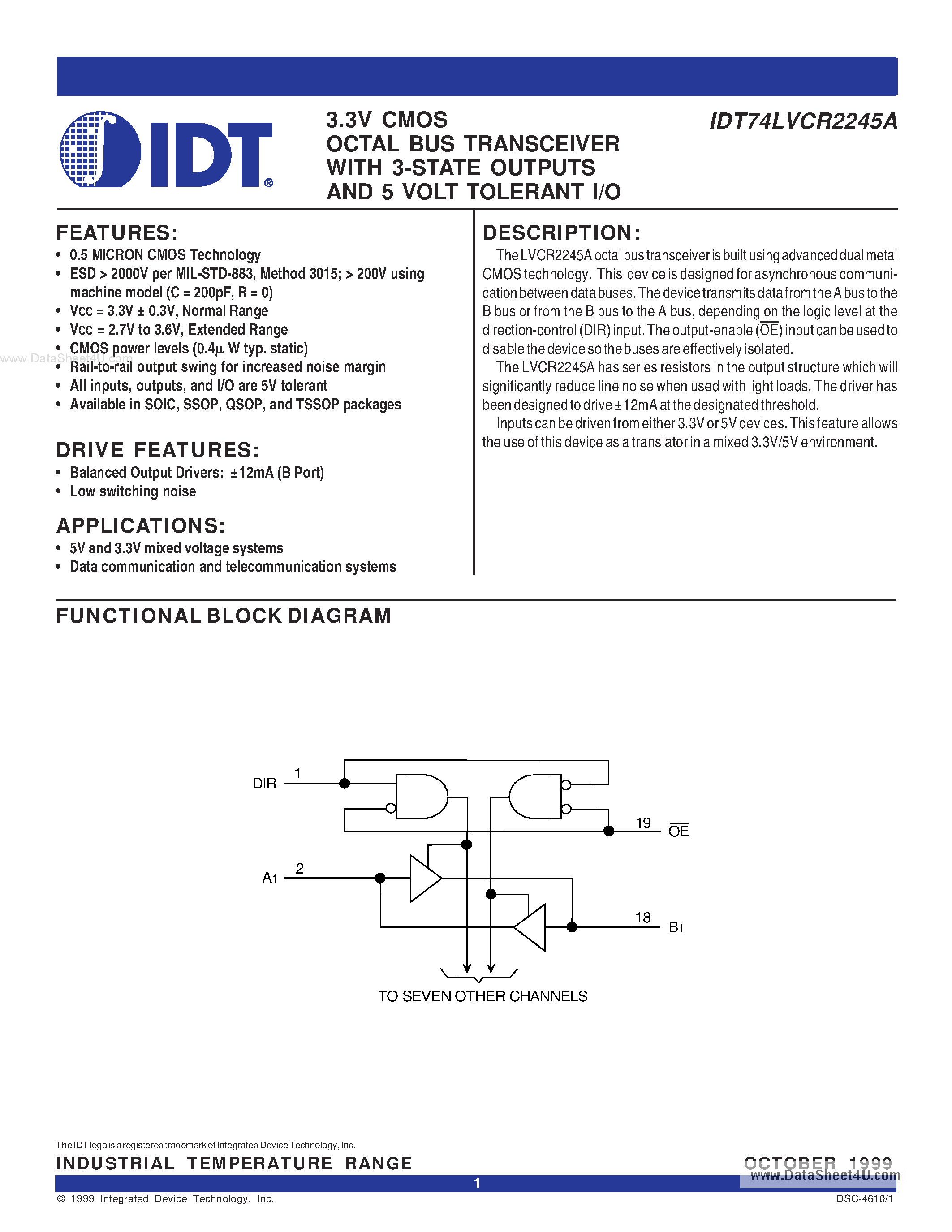 Datasheet IDT74LVCR2245A - 3.3V CMOS OCTAL BUS TRANSCEIVER page 1