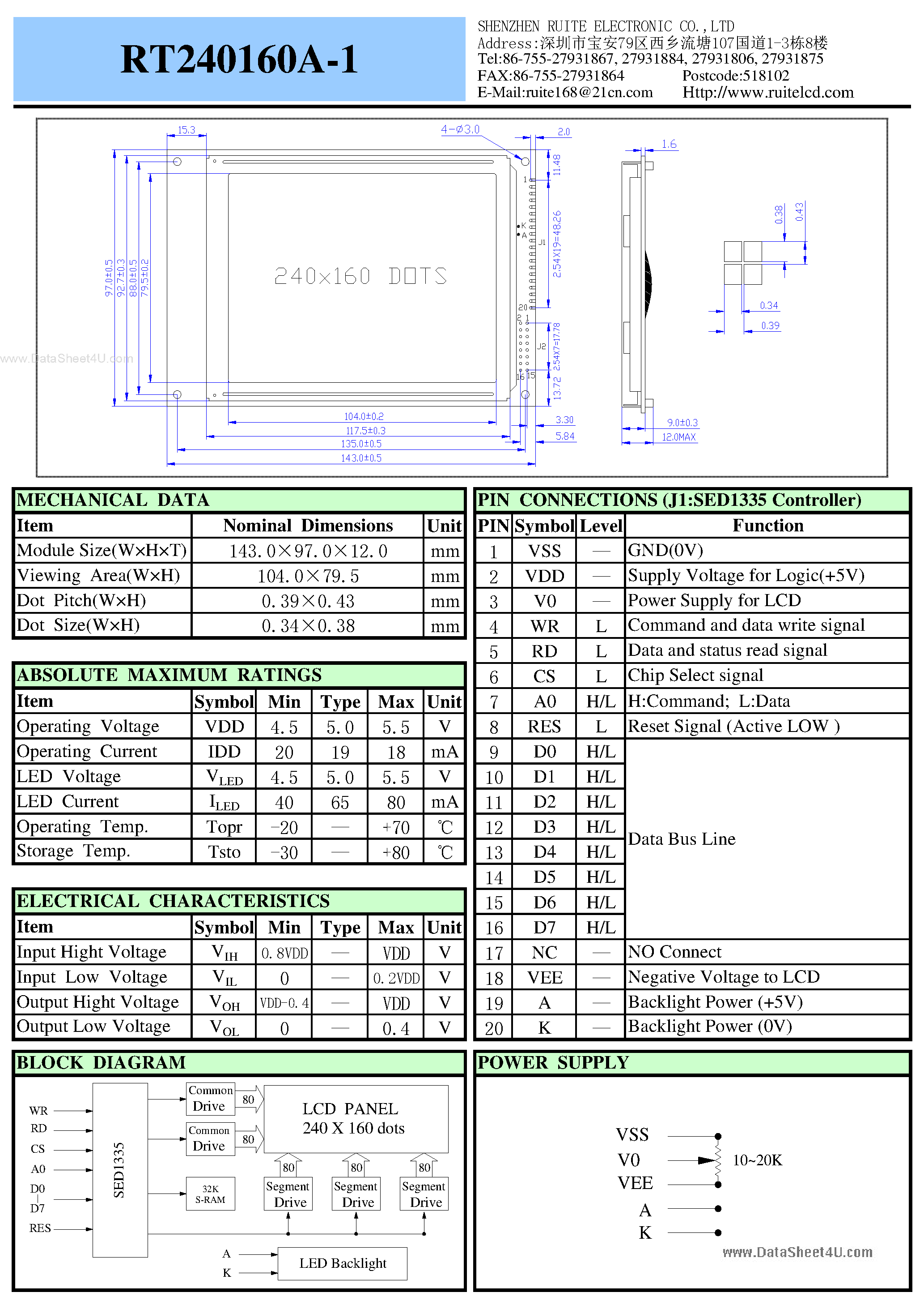 Datasheet RT240160A-1 page 1 Datasheet RT240160A-1 - LCD Module page 1