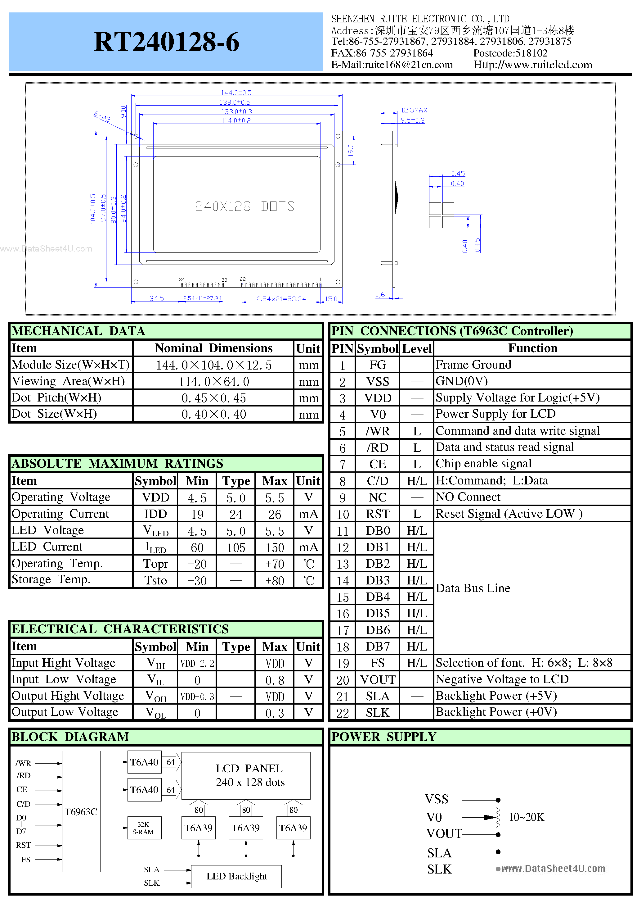 Datasheet RT240128-6 page 1 Datasheet RT240128-6 - LCD Module page 1