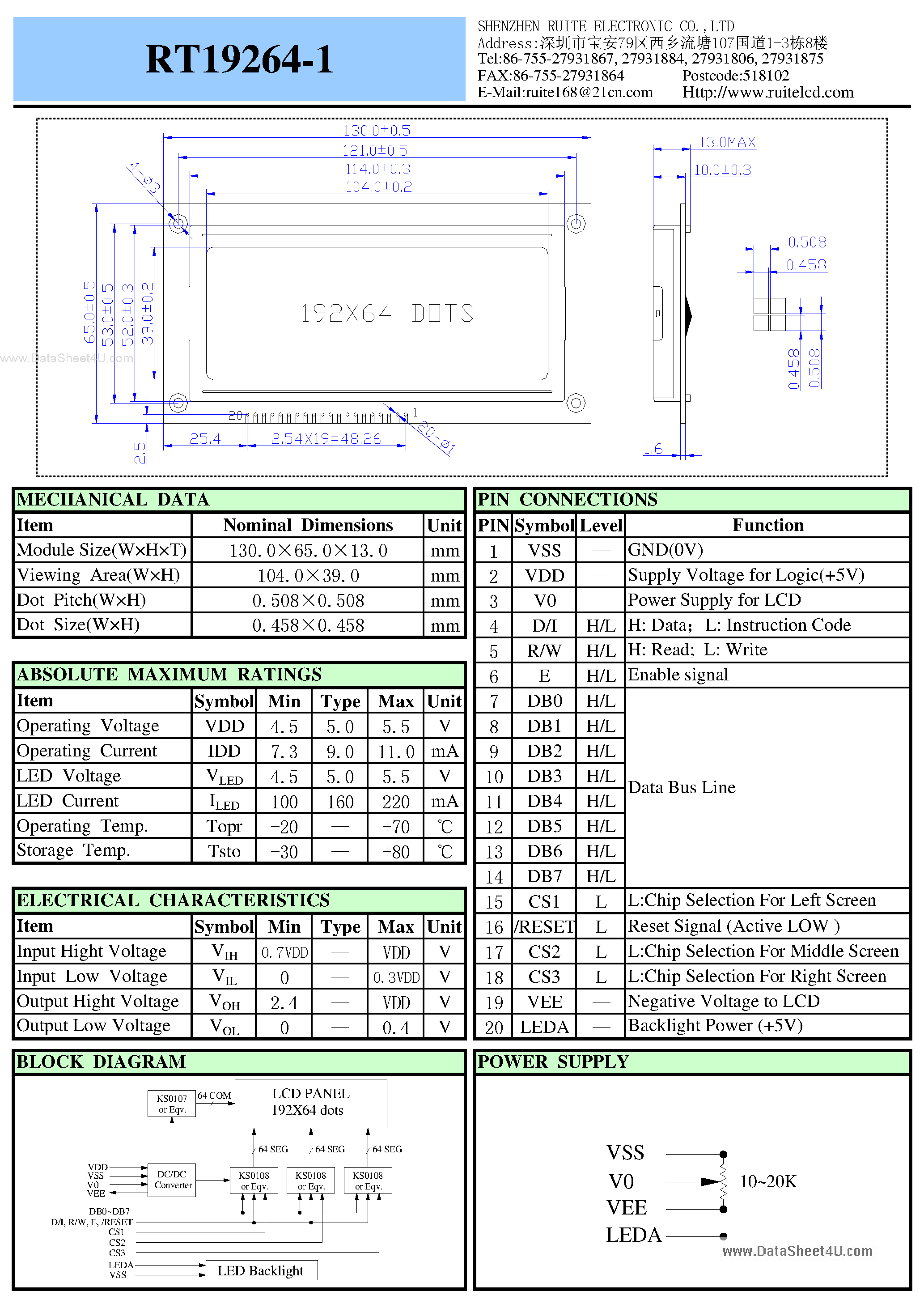 Даташит RT19264-1 - LCD Module страница 1