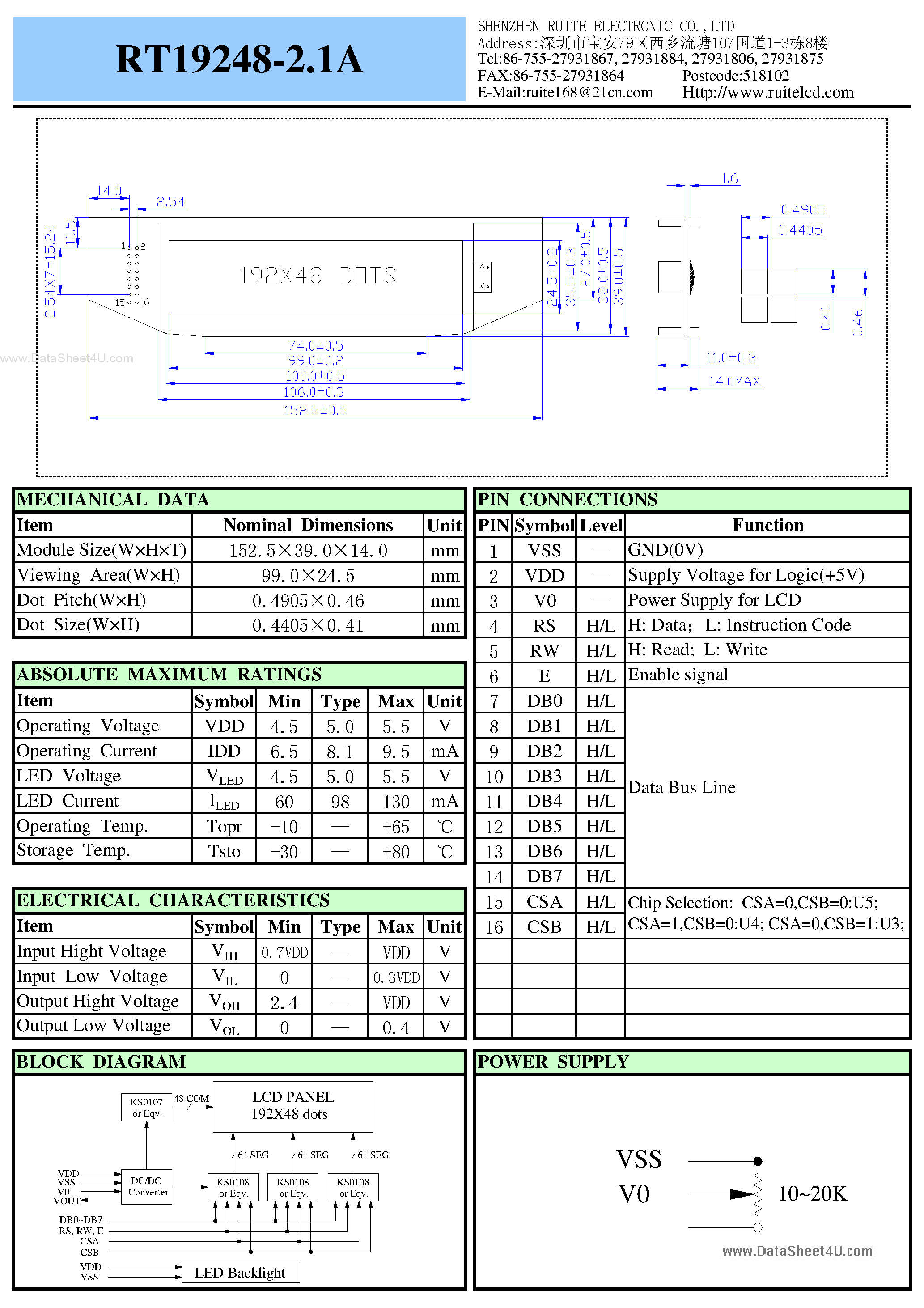 Datasheet RT19248-2.1A - LCD Module page 1