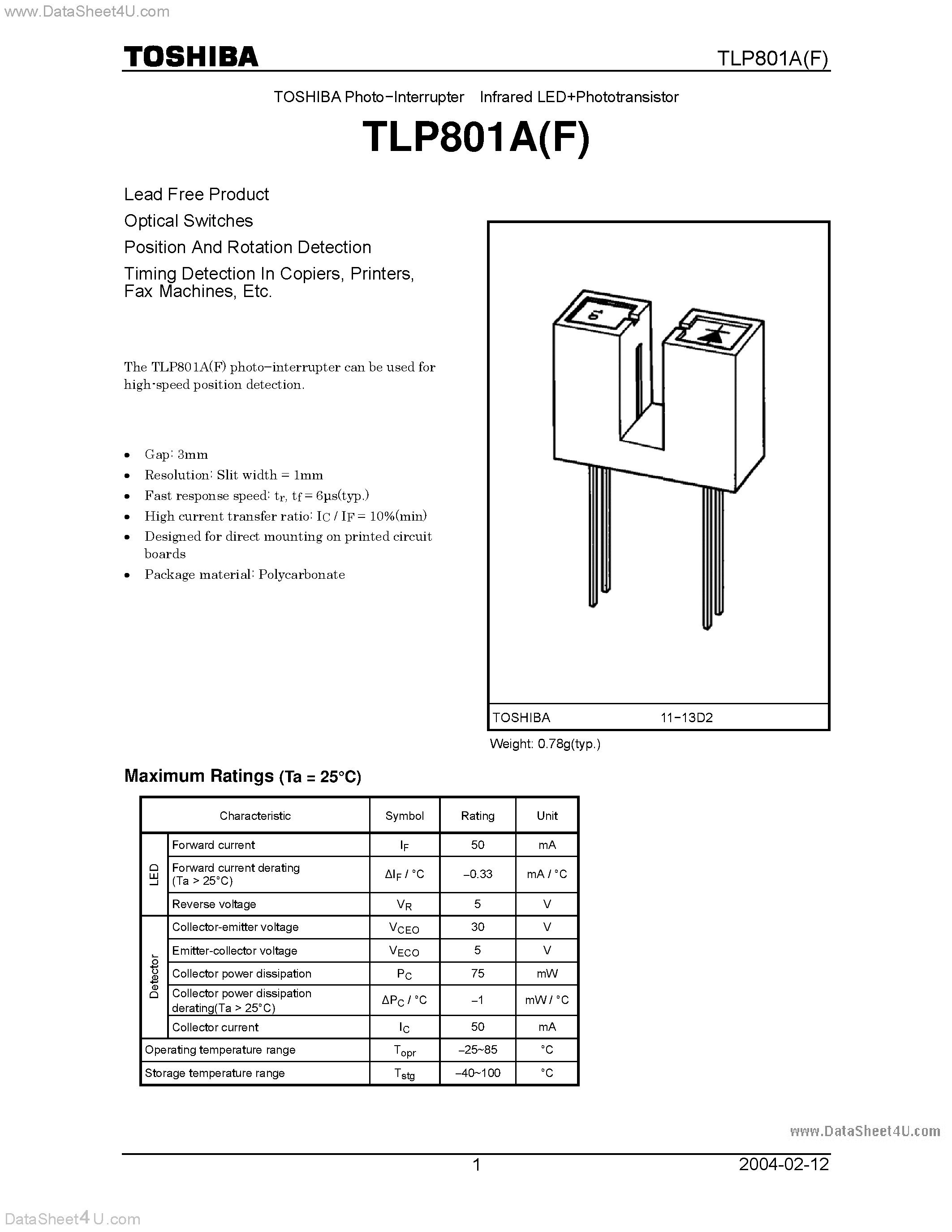 Datasheet TLP-801A page 1 Datasheet TLP-801A - INFRARED LED + PHOTOTRANSISTOR page 1