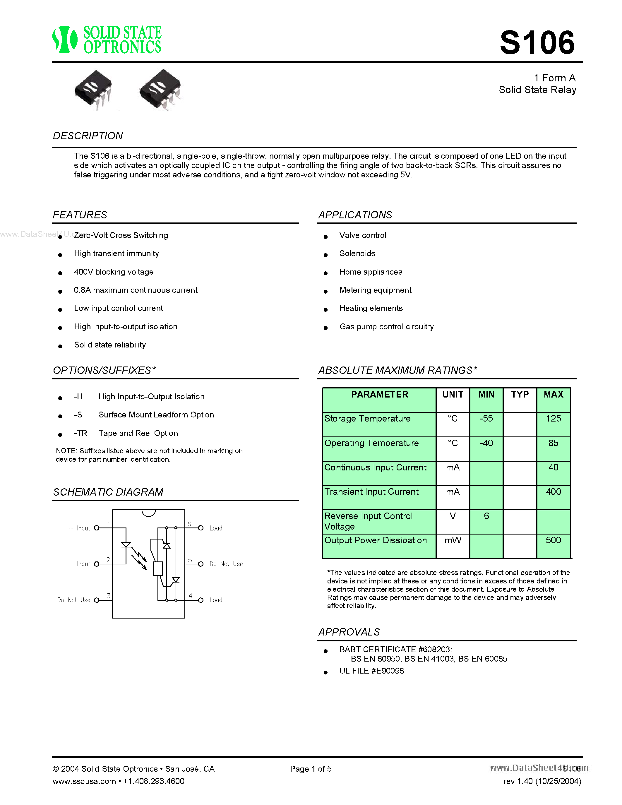 Datasheet S106 page 1 Datasheet S106 - 1 Form A Solid State Relay page 1