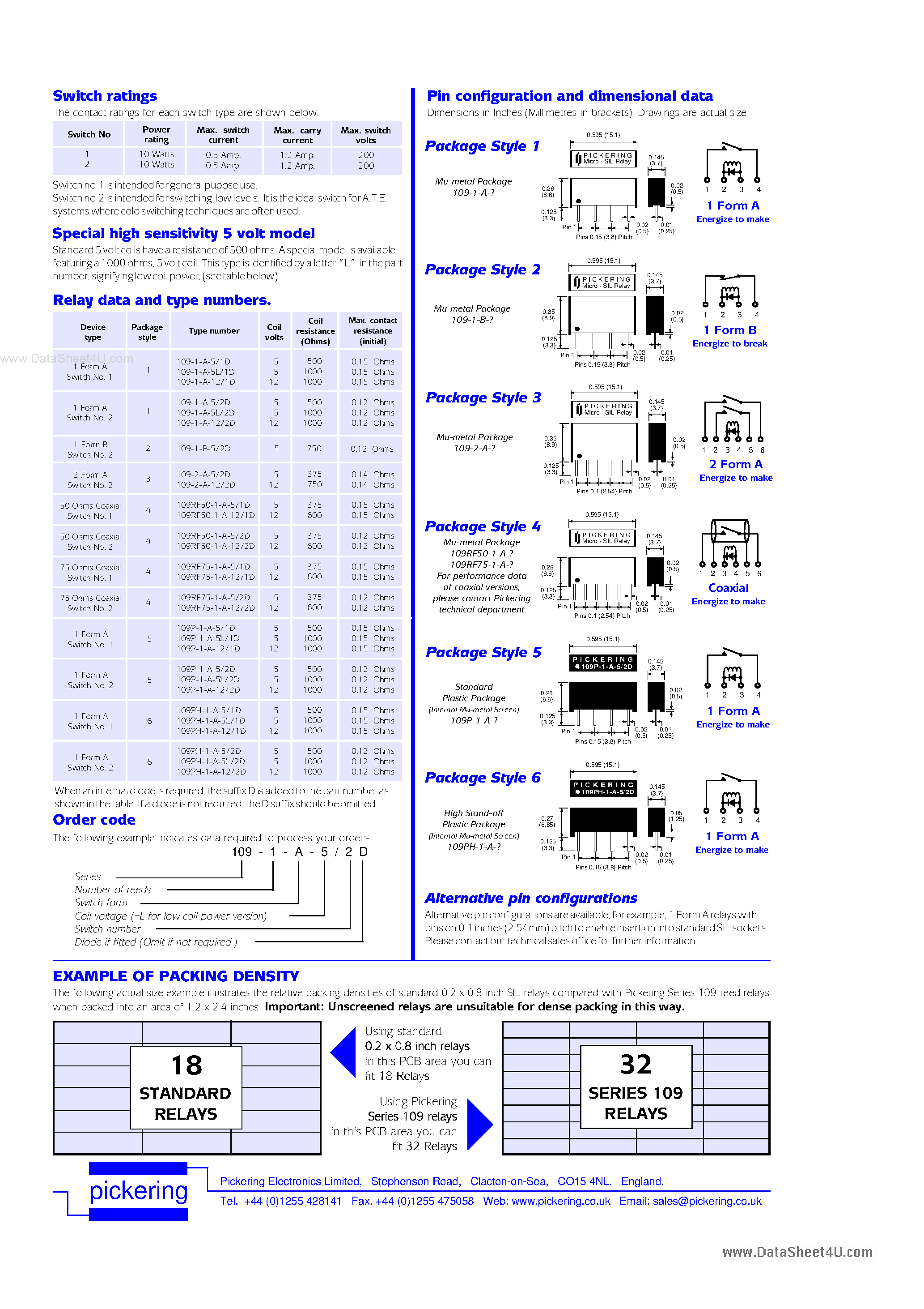 Даташит на микросхему 109P-1-A-5/2D страница 2 Даташит 109P-1-A-5/2D - Micro SIL Reed Relays страница 2