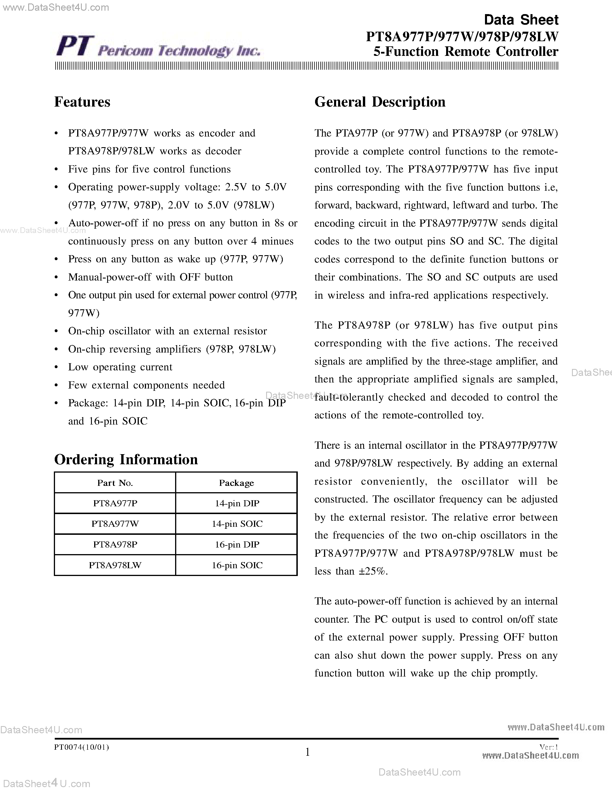 Datasheet PT-8A978P - 5-Function Remote Controller page 1