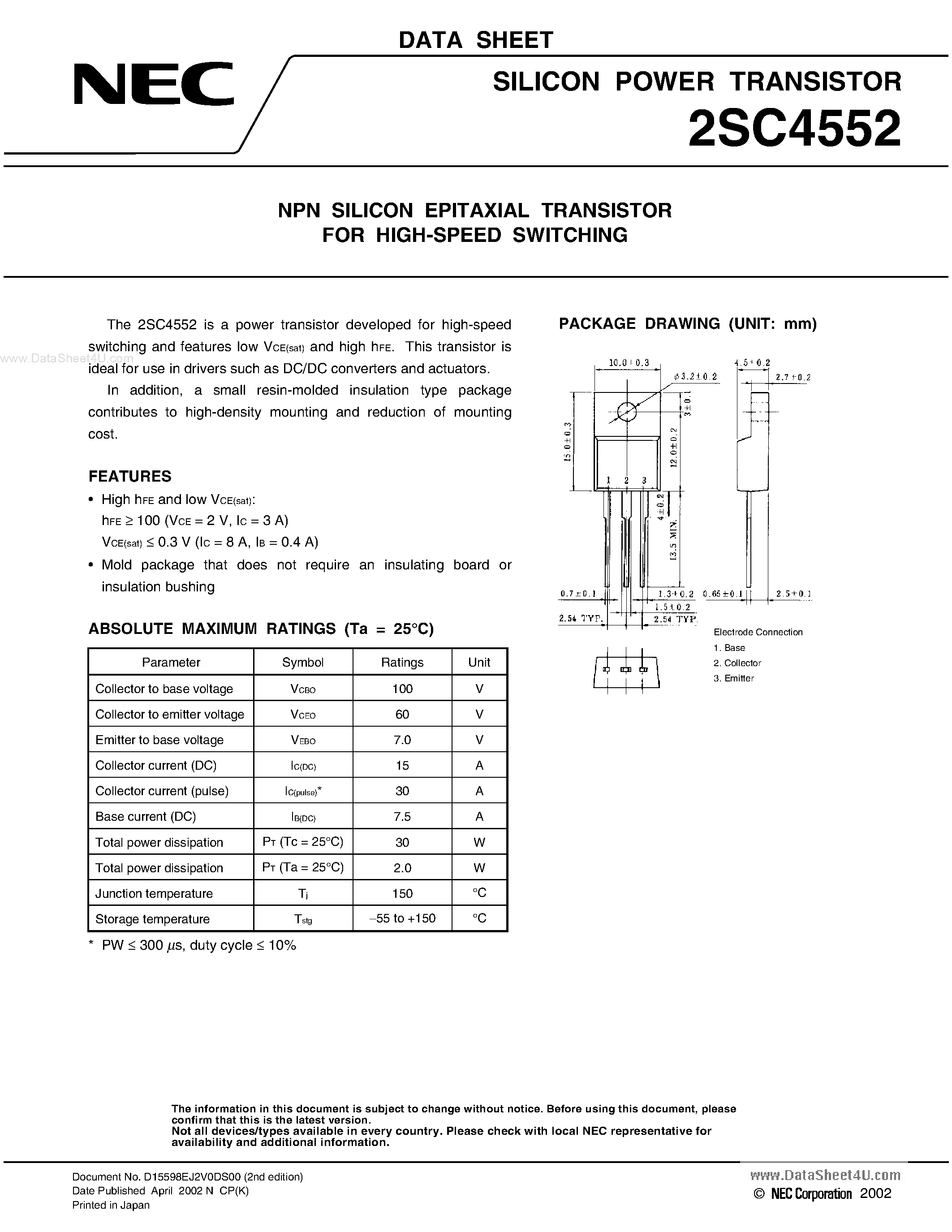 Datasheet 2SC4552 page 1 Datasheet 2SC4552 - NPN SILICON EPITAXIAL TRANSISTOR page 1
