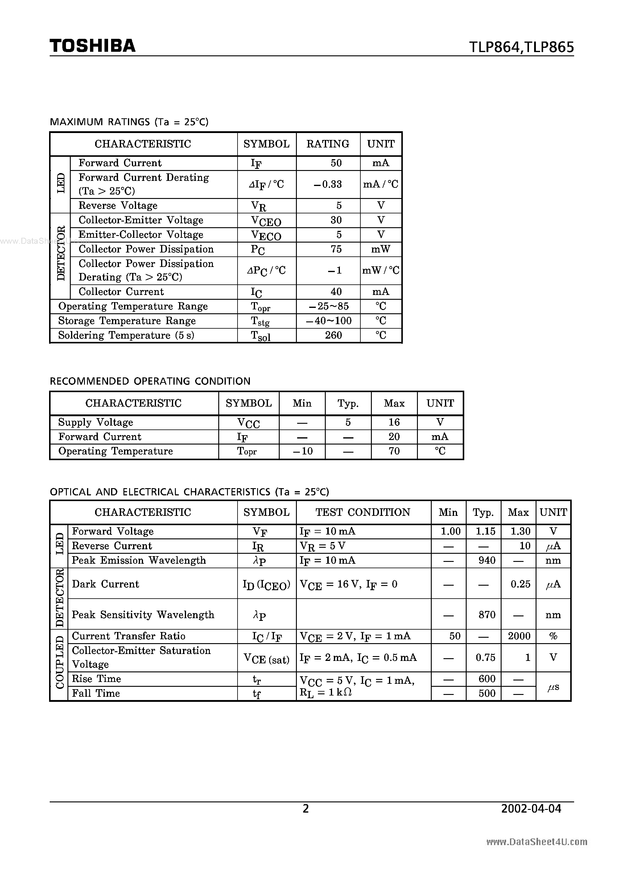 Datasheet TLP864 page 2 Datasheet TLP864 - (TLP864 / TLP865) PHOTO-INTERRUPTERS INFRARED LED PHOTODARLINGTON TRANSISTOR page 2