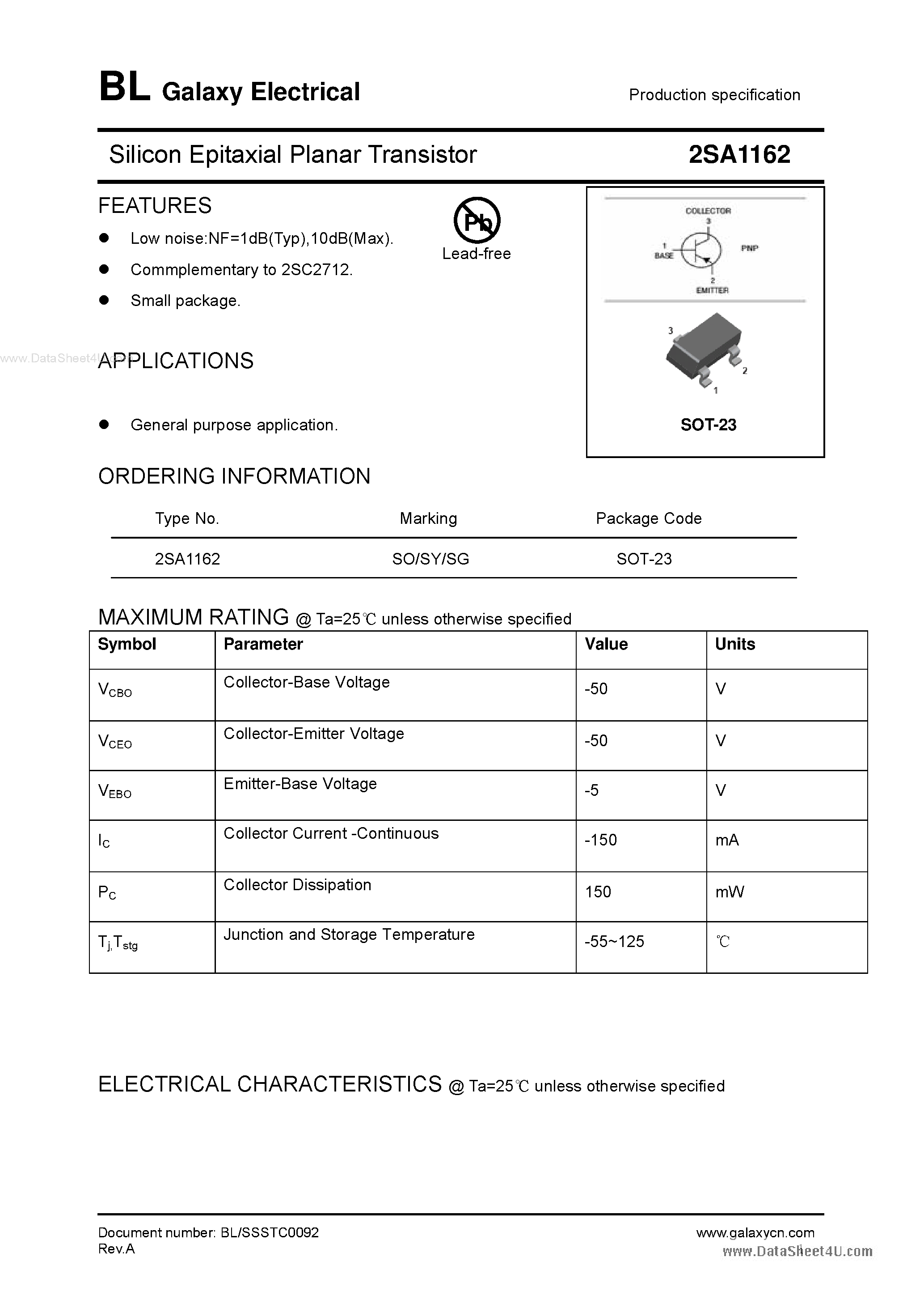 Datasheet 2SA1162 - Silicon Epitaxial Planar Transistor page 1