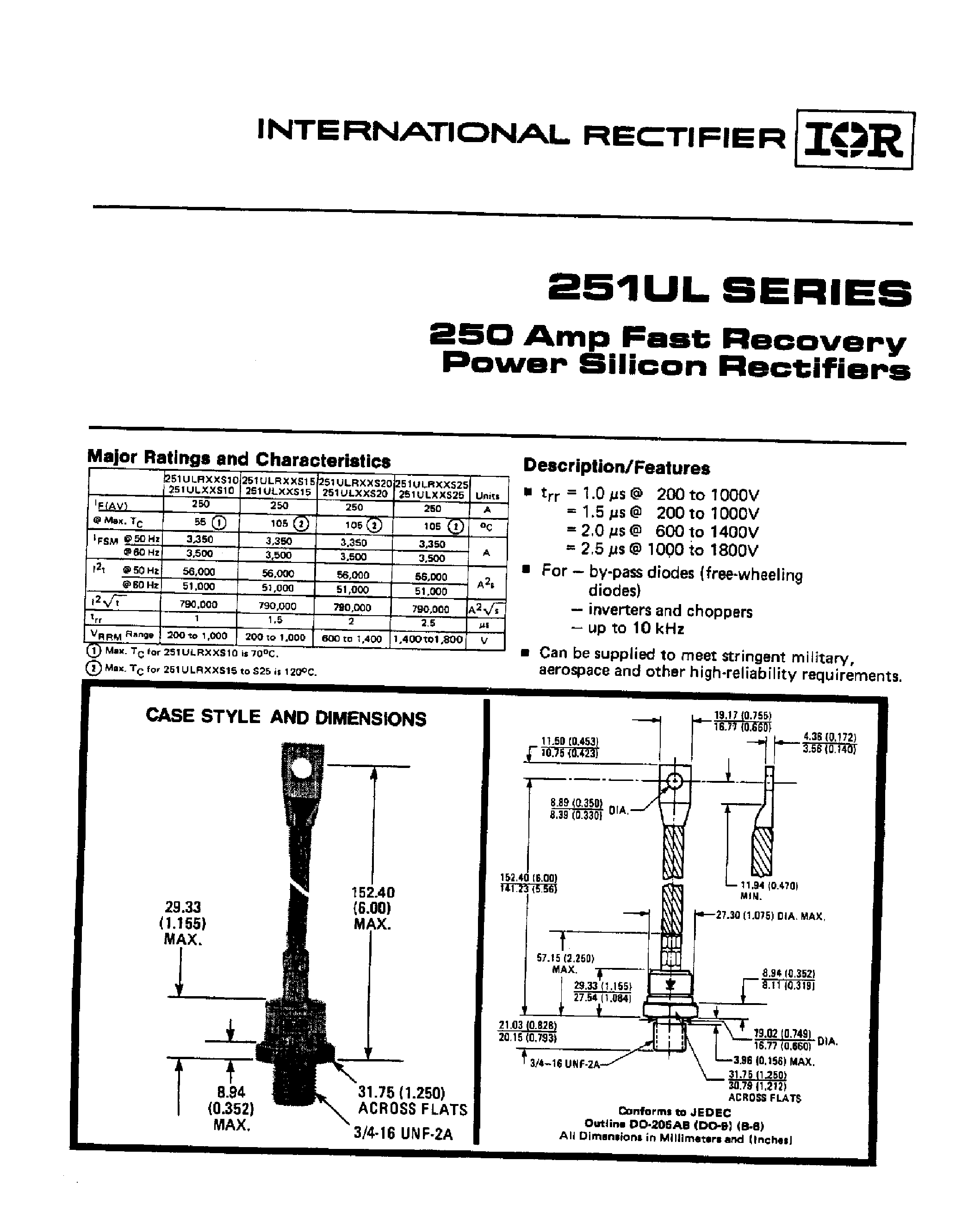 Datasheet 251UL page 1 Datasheet 251UL - 250 AMP Fast Recovery Power Silicon Rectifiers page 1