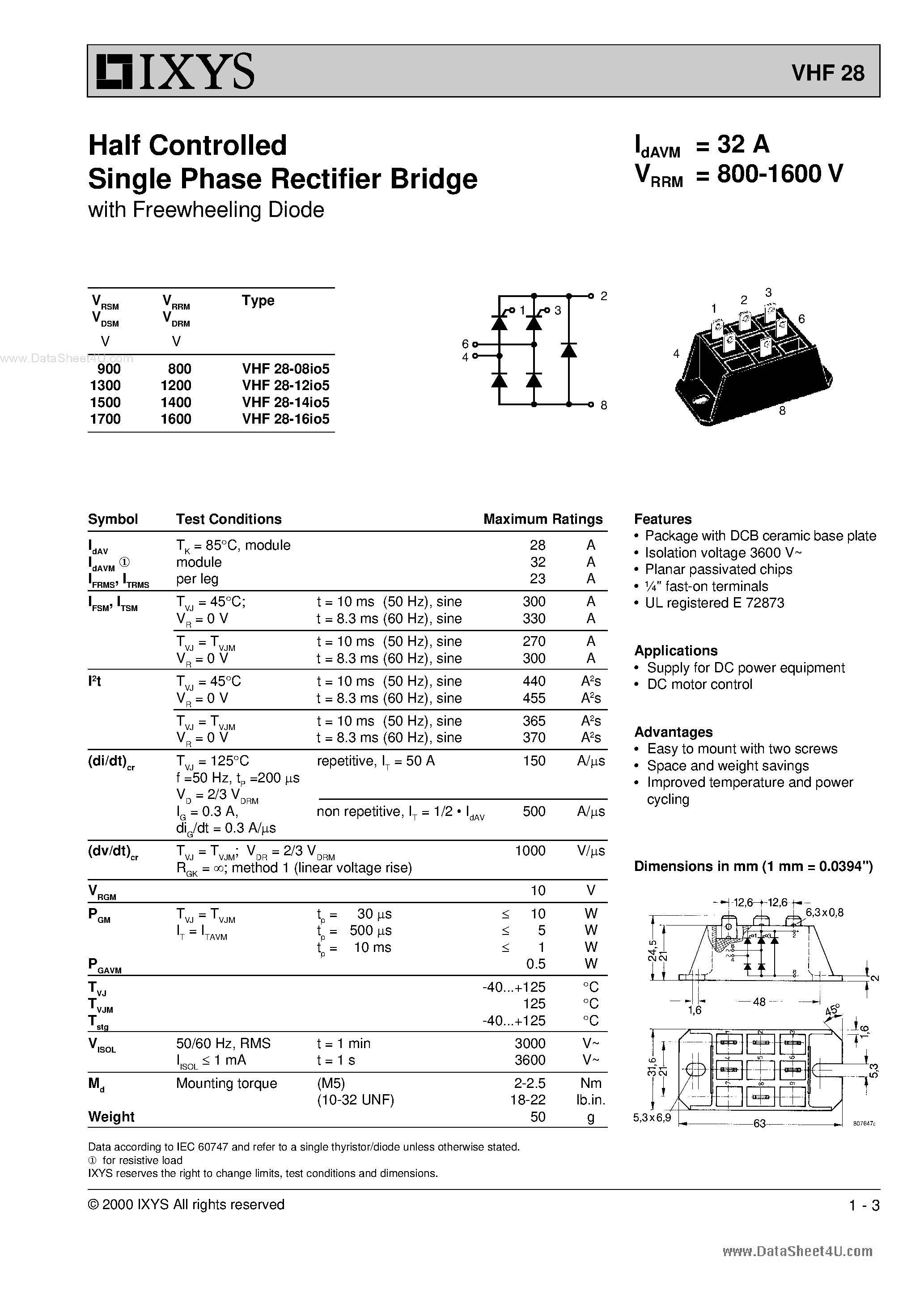 Datasheet VHF28 page 1 Datasheet VHF28 - Half Controlled Single Phase Rectifier Bridge page 1