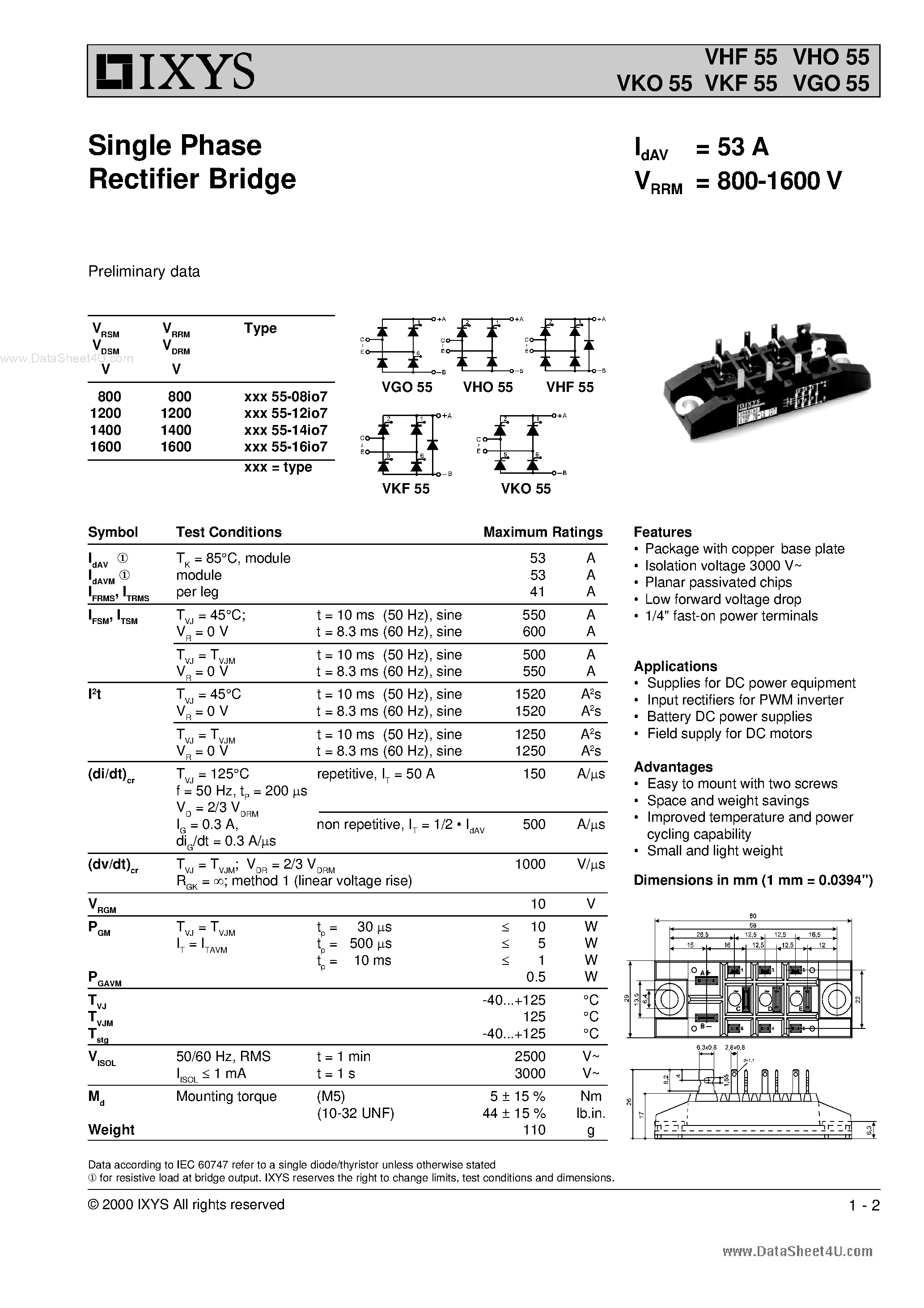 Datasheet VKF55 - Single Phase Rectifier Bridge page 1