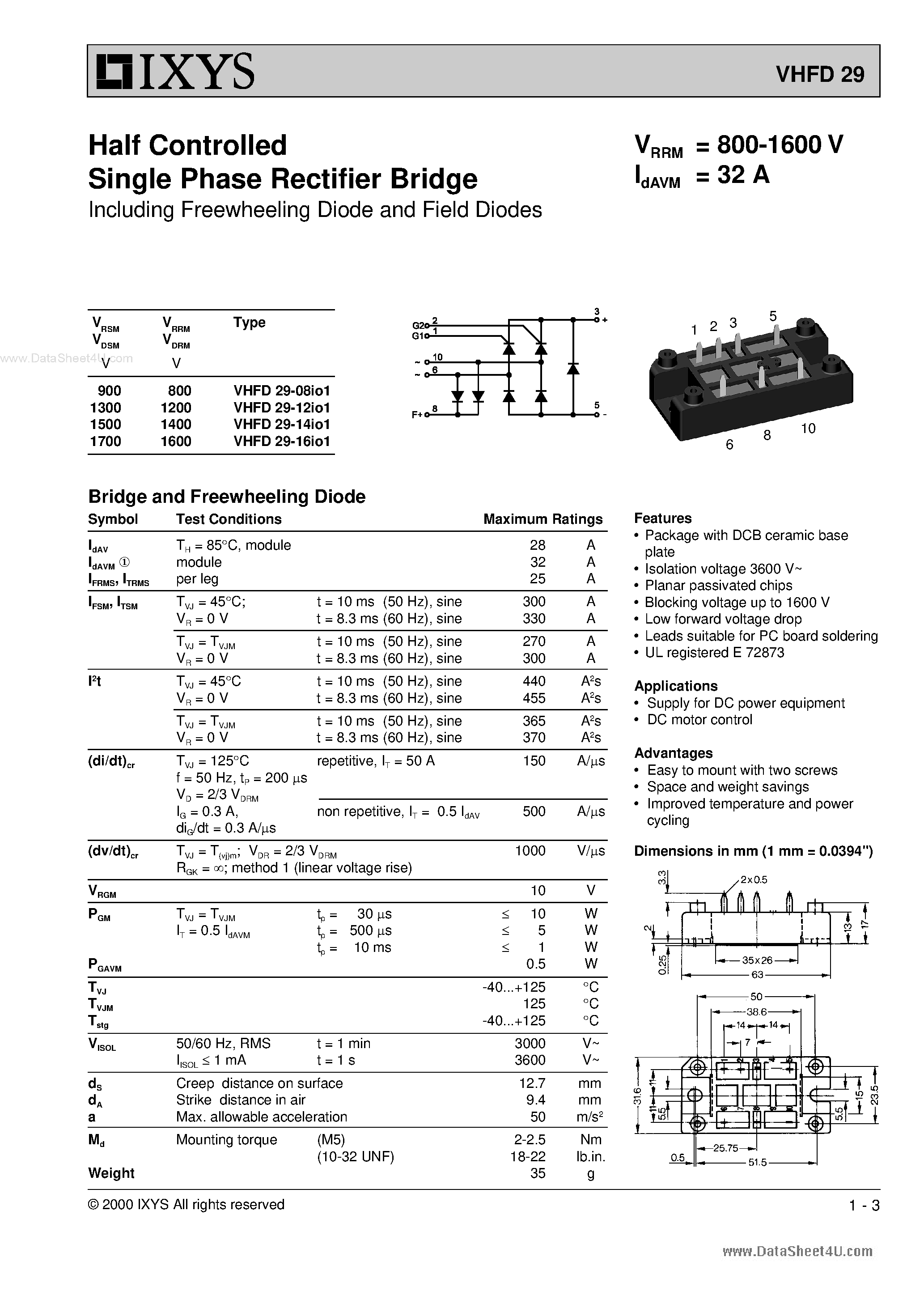 Datasheet VHFD29 - Half Controlled Single Phase Rectifier Bridge page 1