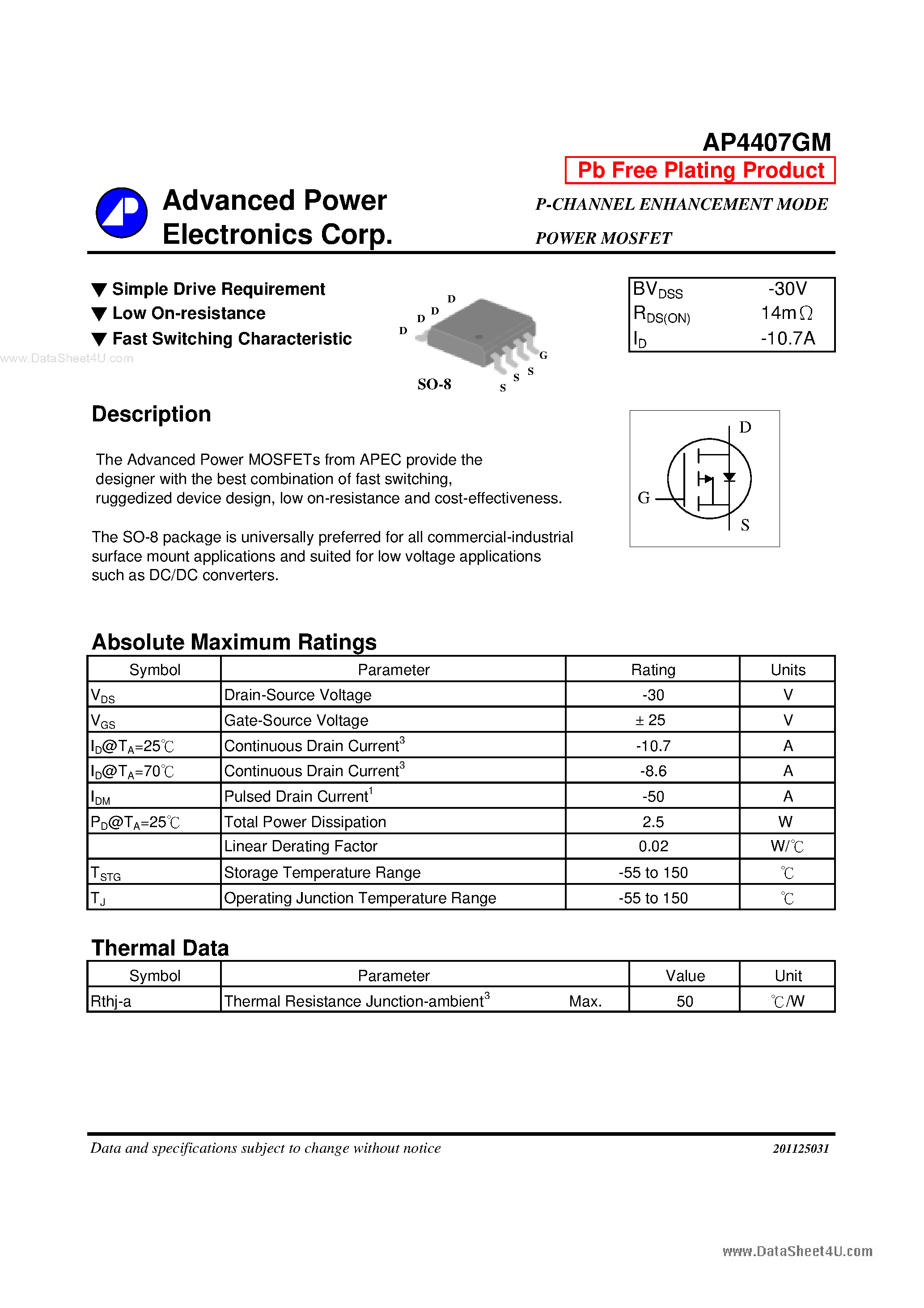 Даташит AP4407GM - P-CHANNEL ENHANCEMENT MODE POWER MOSFET страница 1
