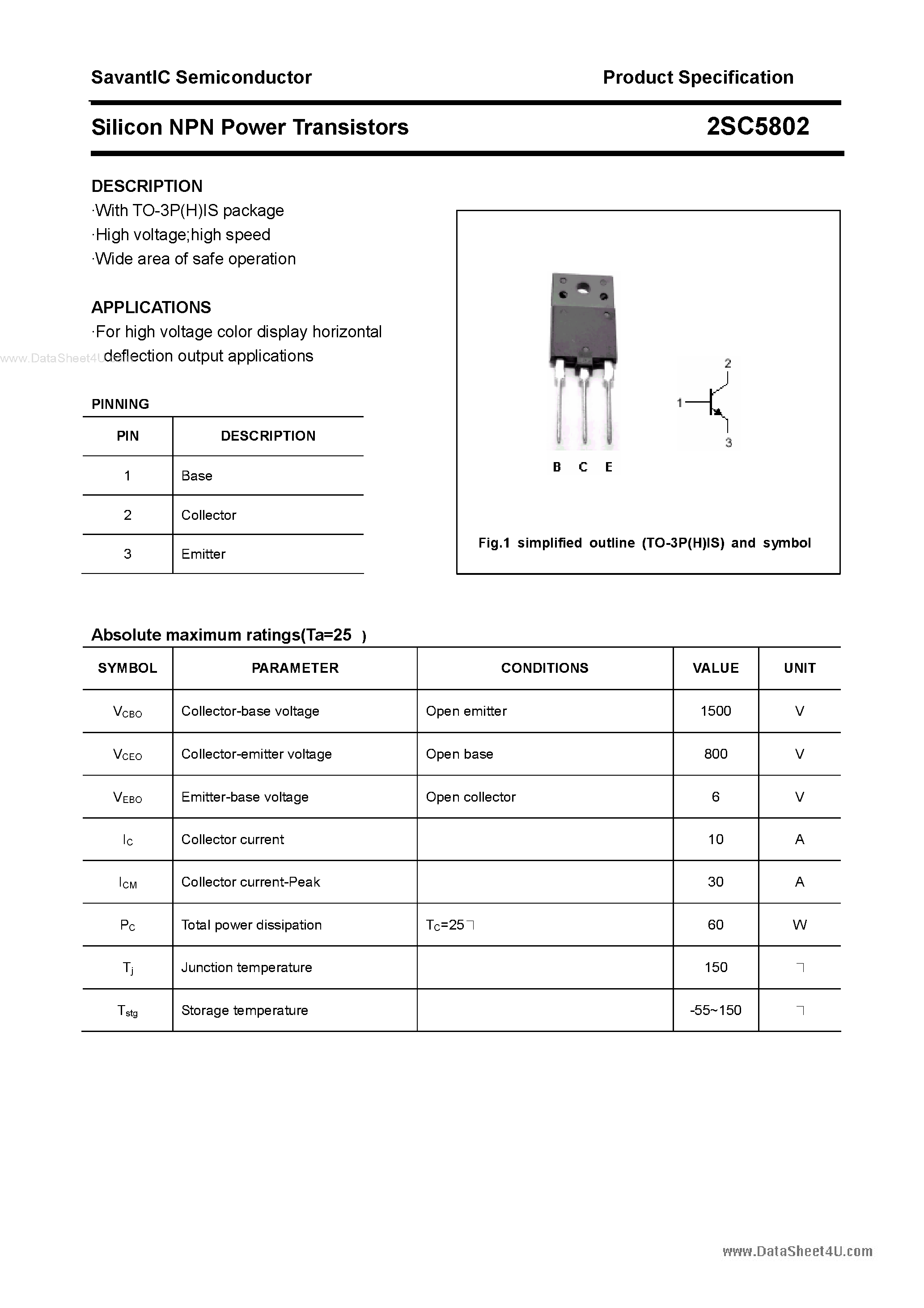 Даташит 2SC5802 - Silicon NPN Power Transistors страница 1