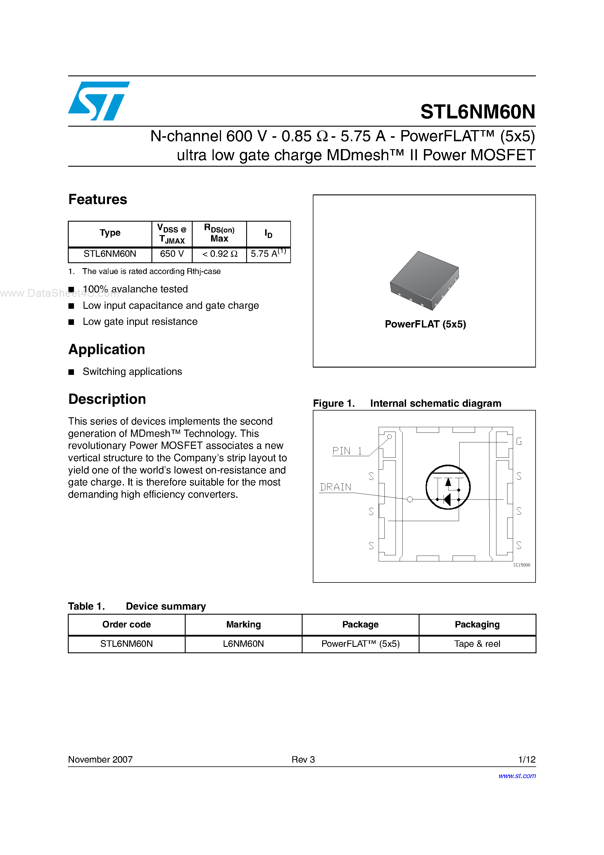 Datasheet STL6NM60N - N-channel Power MOSFET page 1