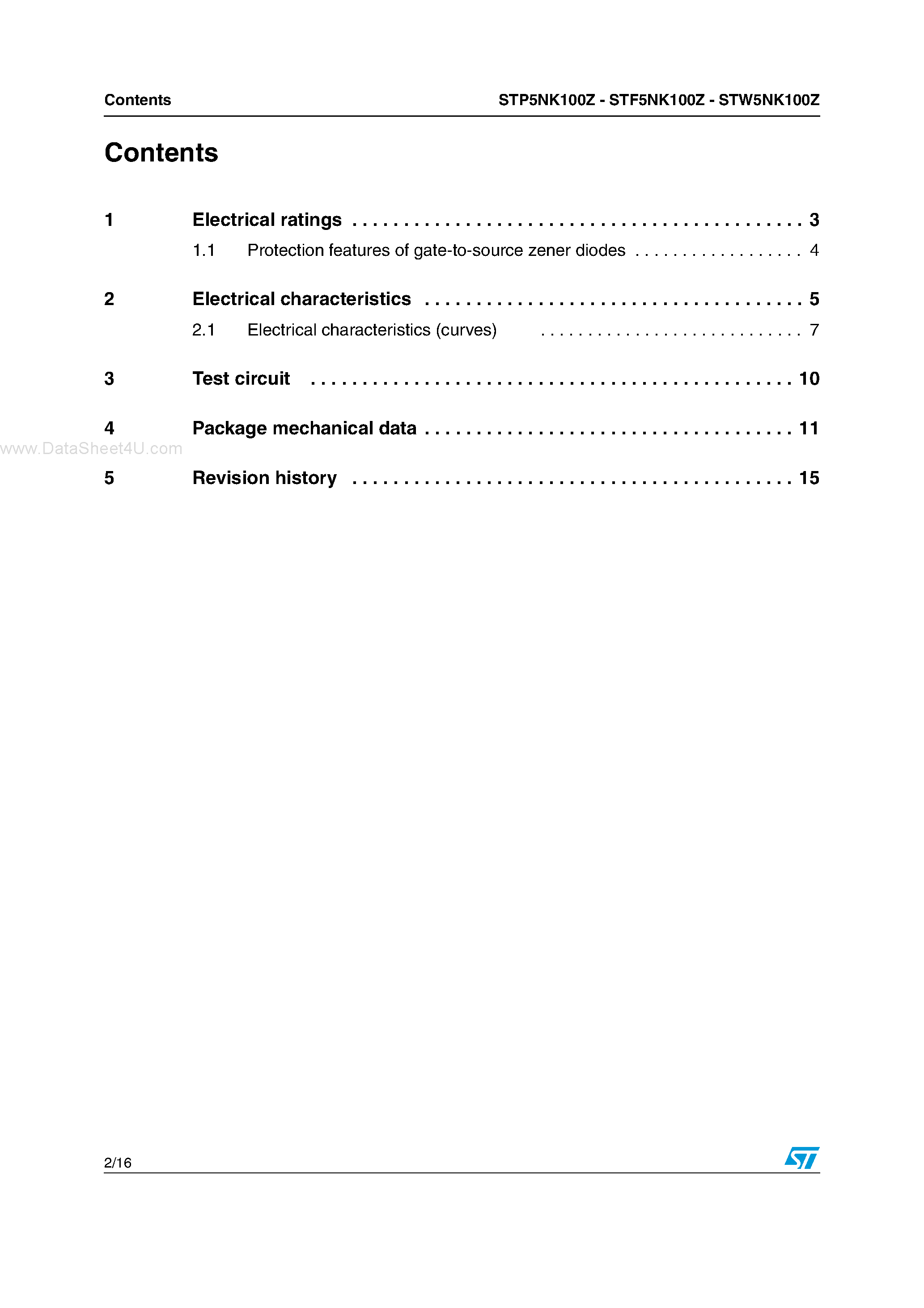 Datasheet STP5NK100Z - N-channel Power MOSFET page 2