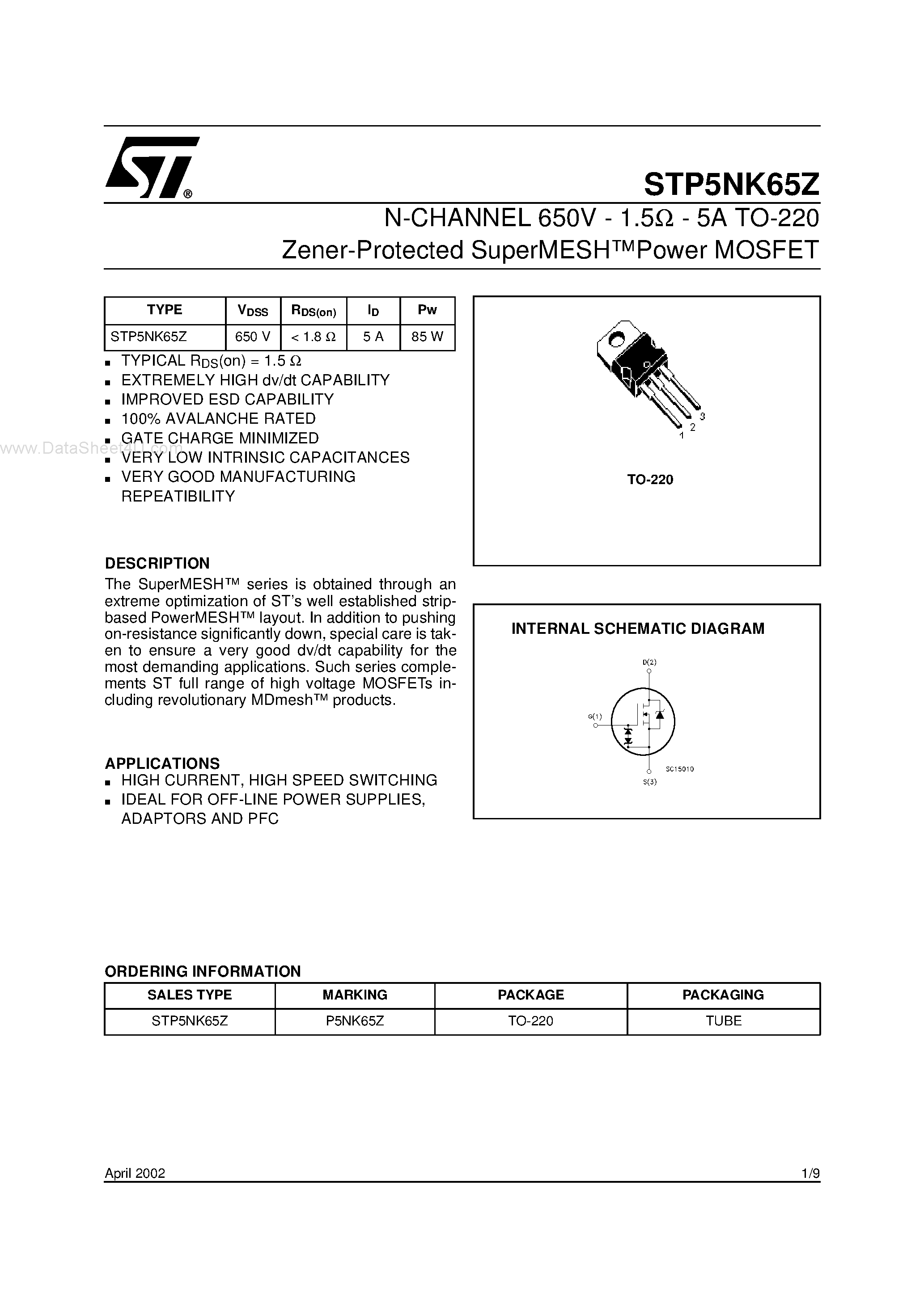 Datasheet STP5NK65Z - N-channel Power MOSFET page 1
