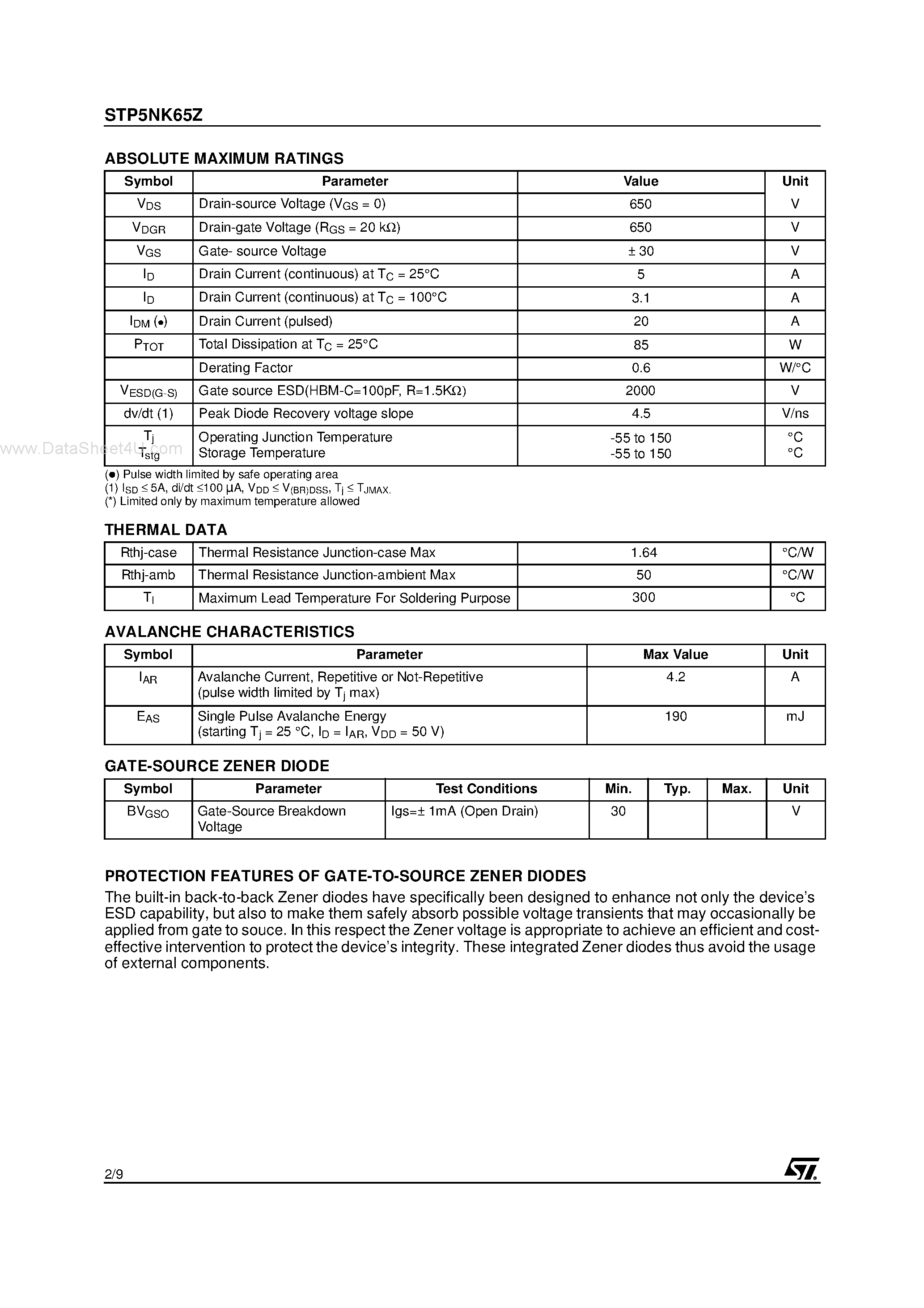 Datasheet STP5NK65Z - N-channel Power MOSFET page 2