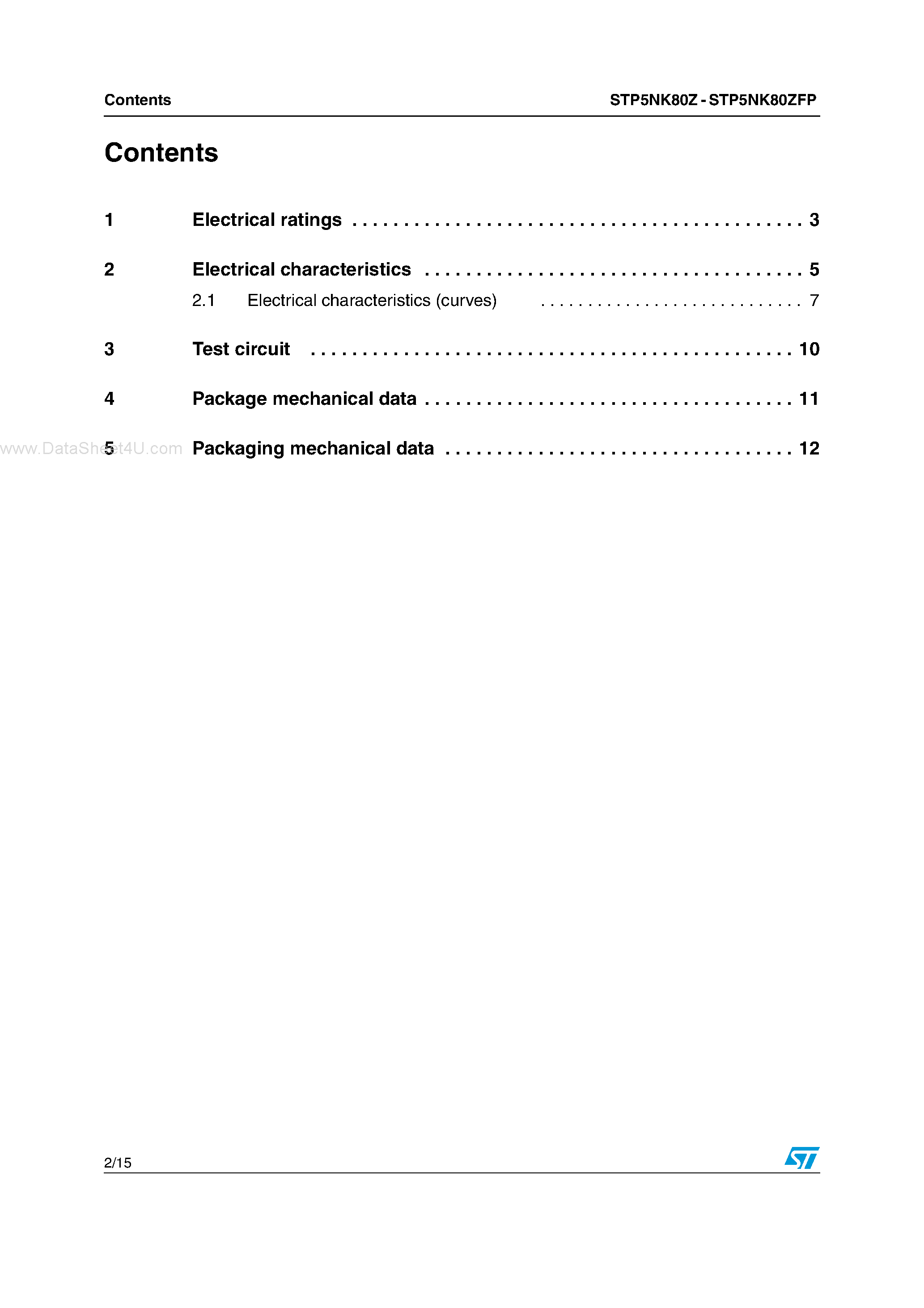 Datasheet STP5NK80Z - N-channel Power MOSFET page 2