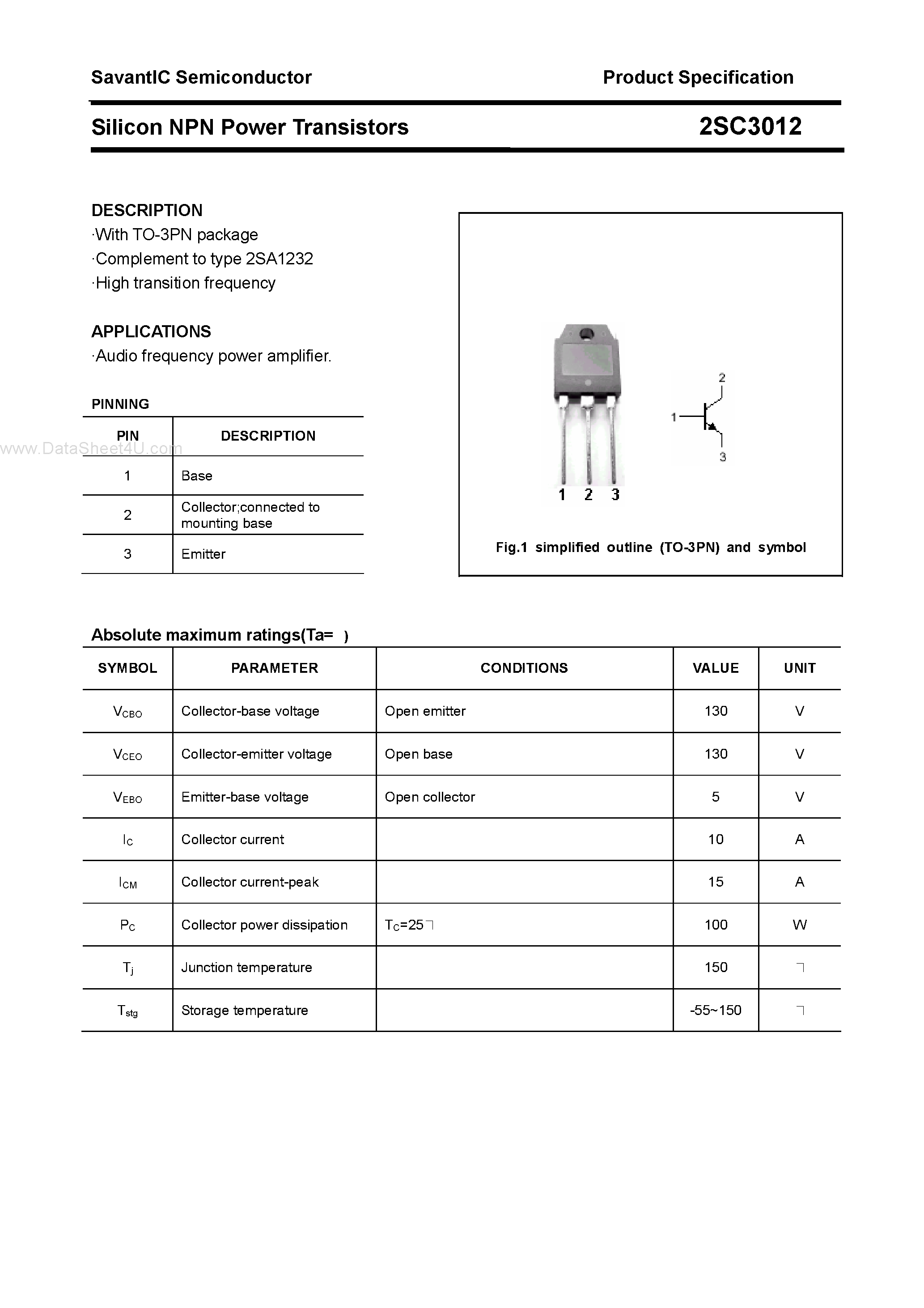 Datasheet 2SC3012 - PNP SILICON EPITAXIAL/NPN SILICON TRIPLE DIFFUSED TRANSISTOR page 1