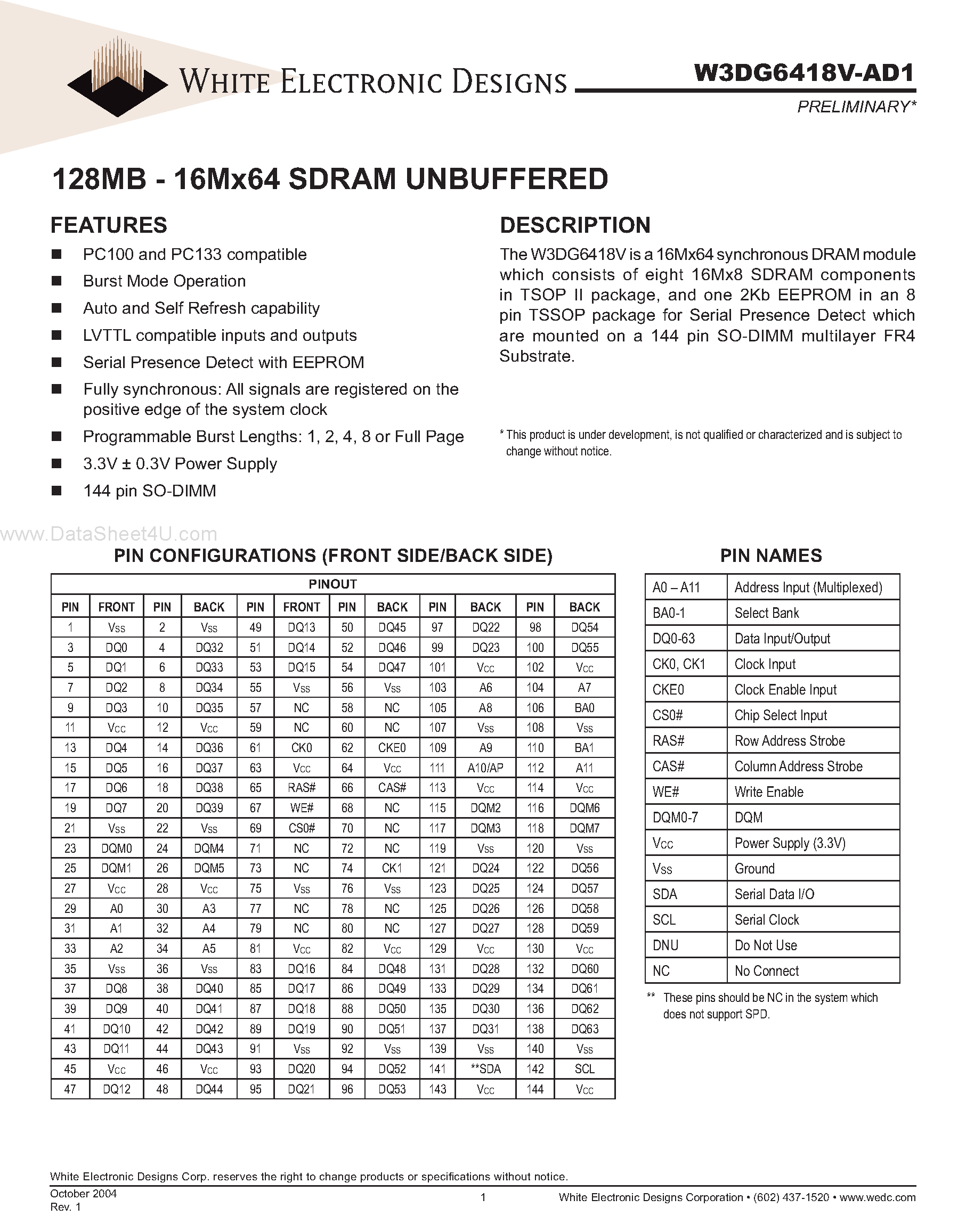 Datasheet W3DG6418V-AD1 page 1 Datasheet W3DG6418V-AD1 - SDRAM UNBUFFERED page 1