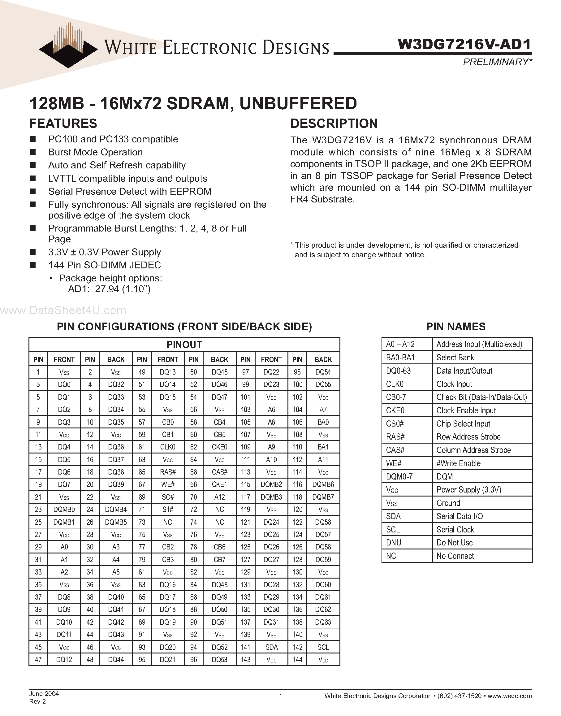 Datasheet W3DG7216V-AD1 - SDRAM UNBUFFERED page 1