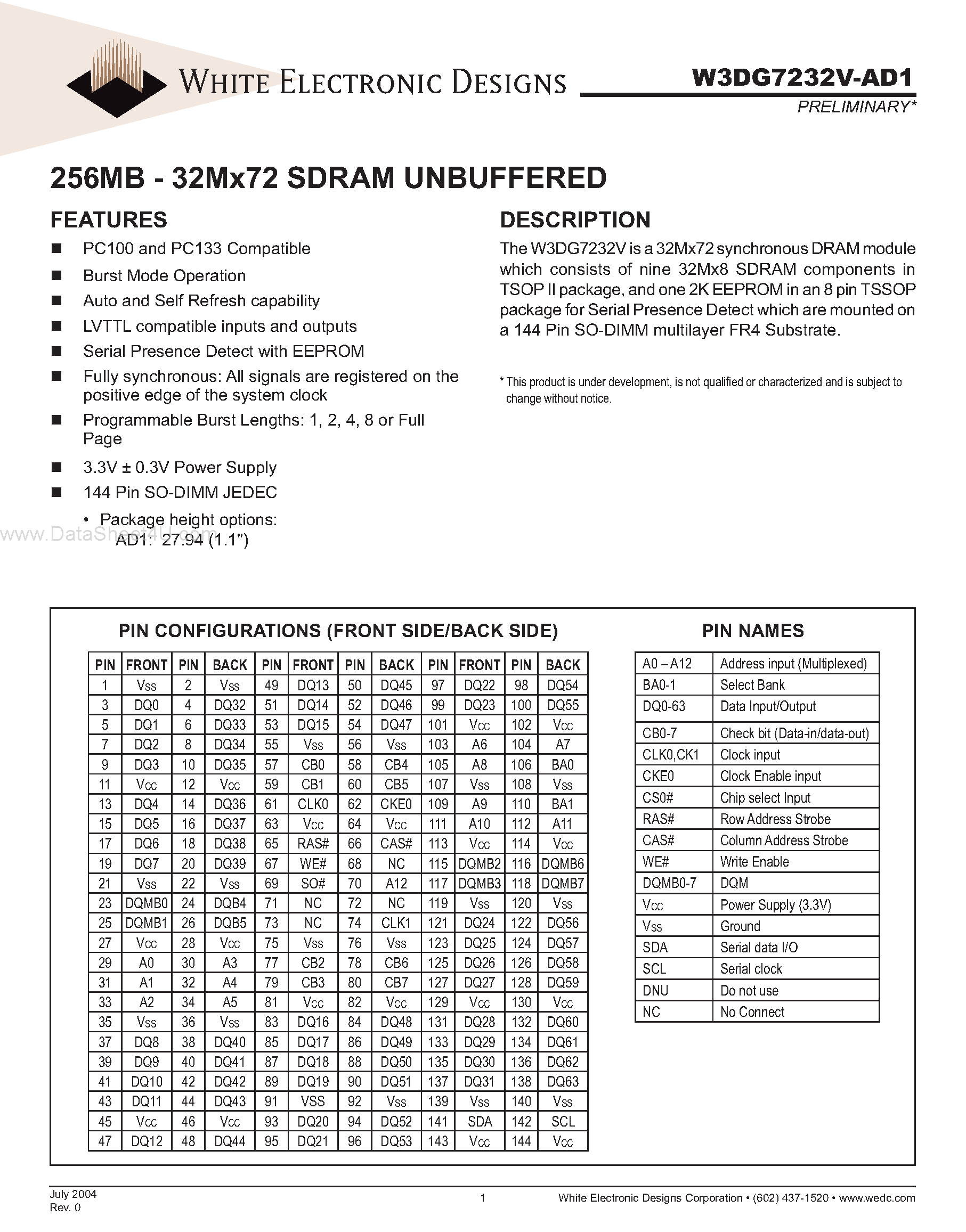 Даташит W3DG7232V-AD1 - SDRAM UNBUFFERED страница 1
