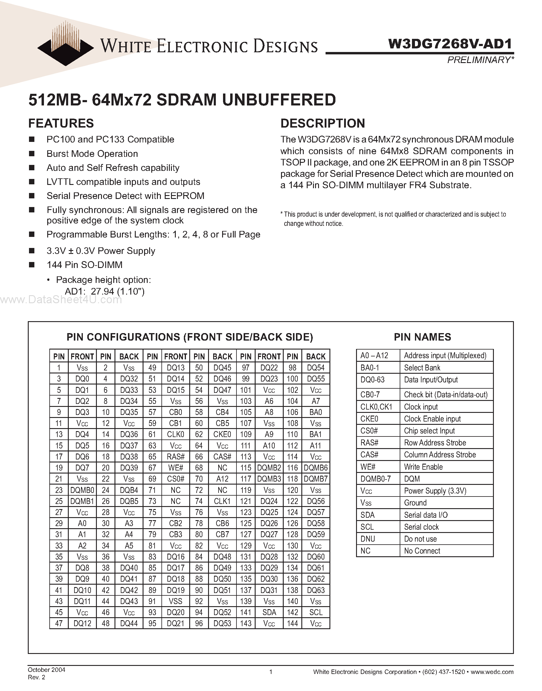 Datasheet W3DG7268V-AD1 - SDRAM UNBUFFERED page 1