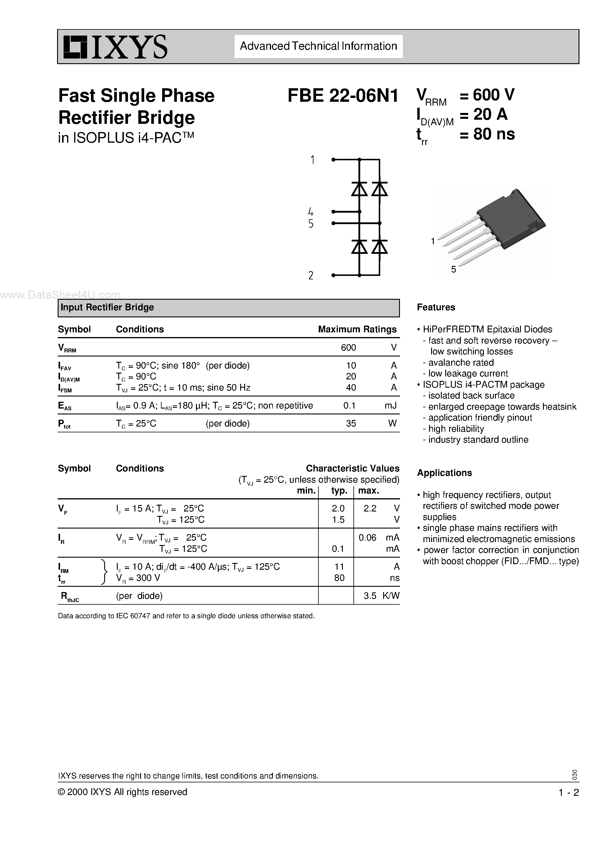 Datasheet FBE22-06N1 - Fast Single Phase Rectifier Bridge page 1