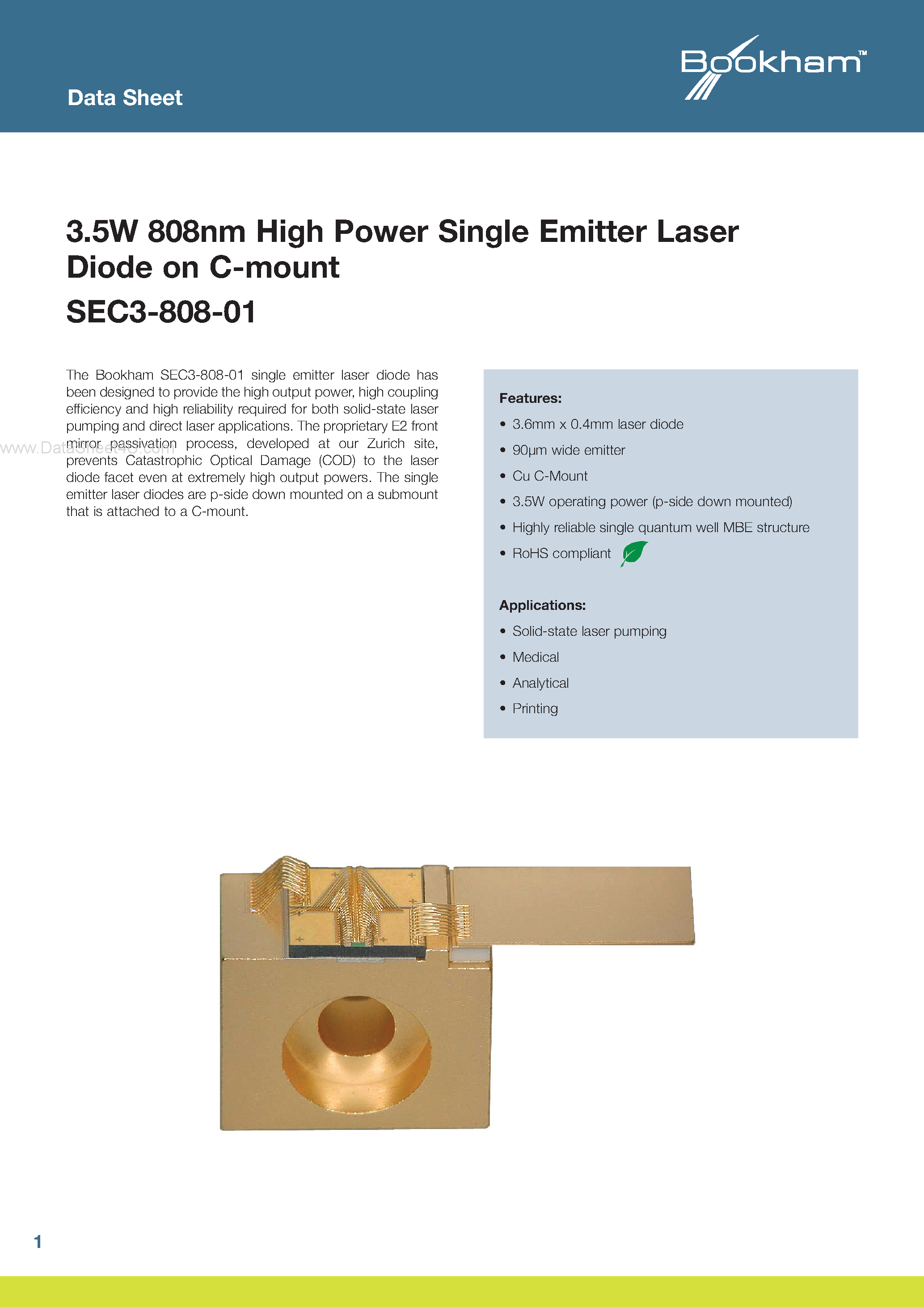 Даташит SEC3-808-01 - 3.5W 808nm High Power Single Emitter Laser Diode on C-mount страница 1