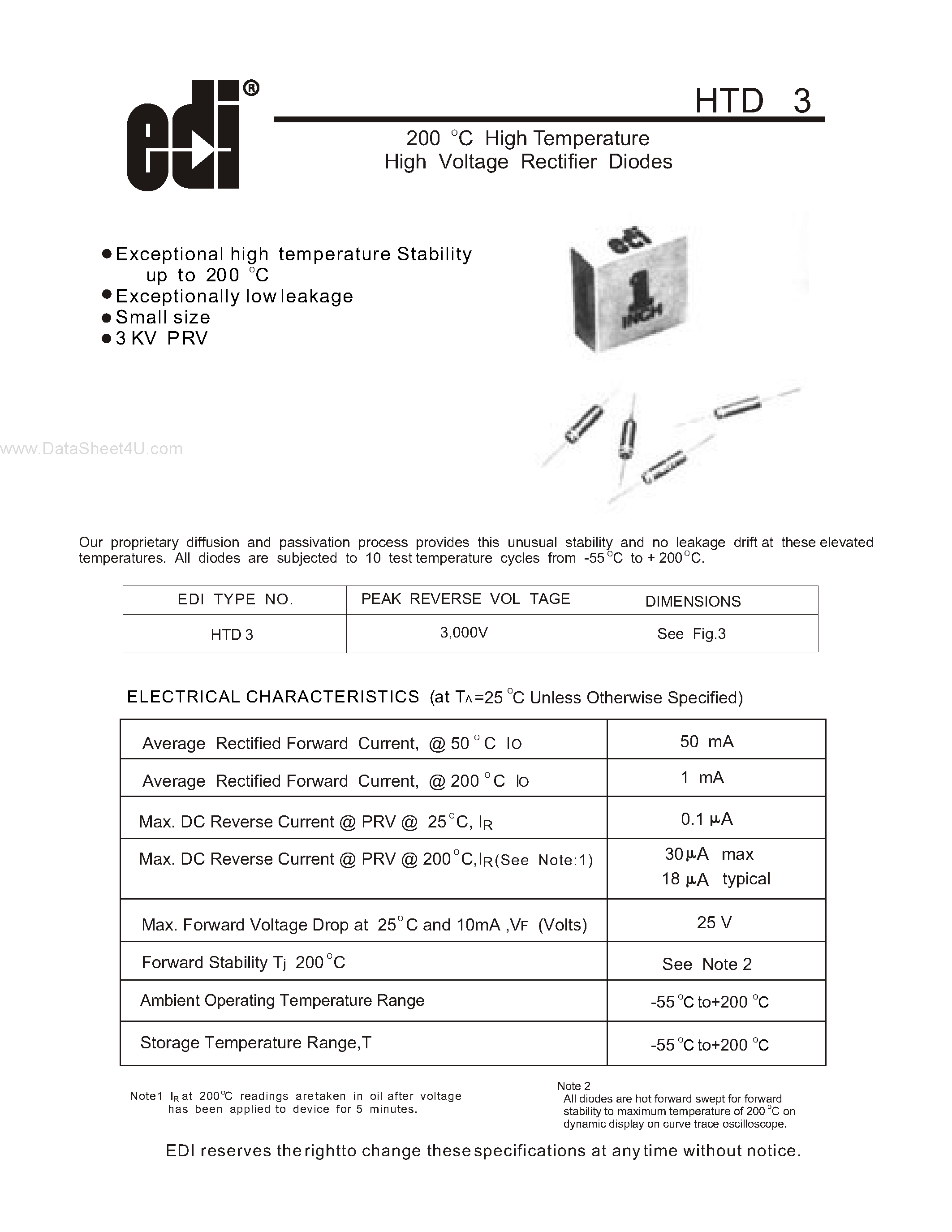 Datasheet HTD3 page 1 Datasheet HTD3 - High Temperature High Voltage Rectifier Diodes page 1