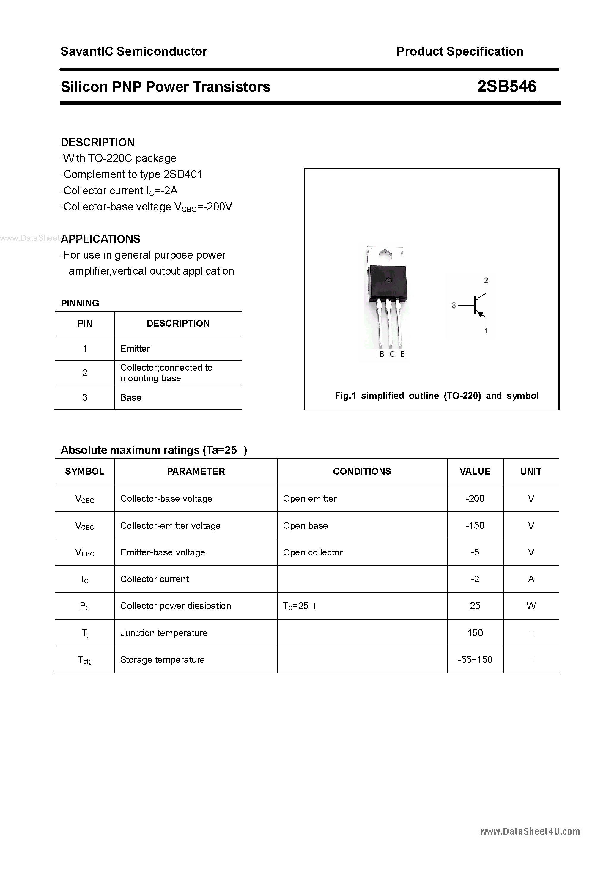 Даташит 2SB546 - Silicon PNP Power Transistors страница 1