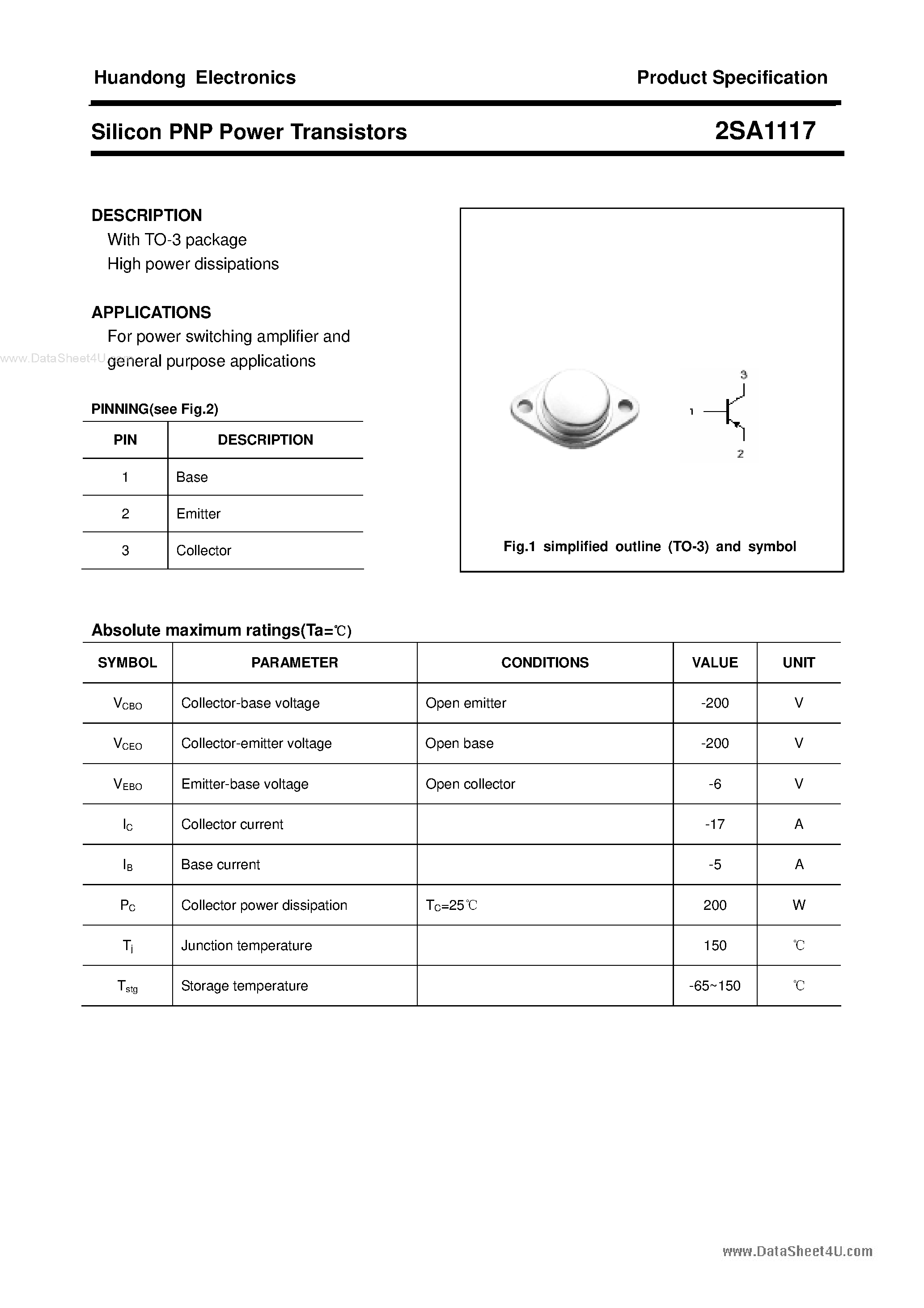Datasheet 2SA1117 page 1 Datasheet 2SA1117 - Silicon PNP Power Transistors page 1