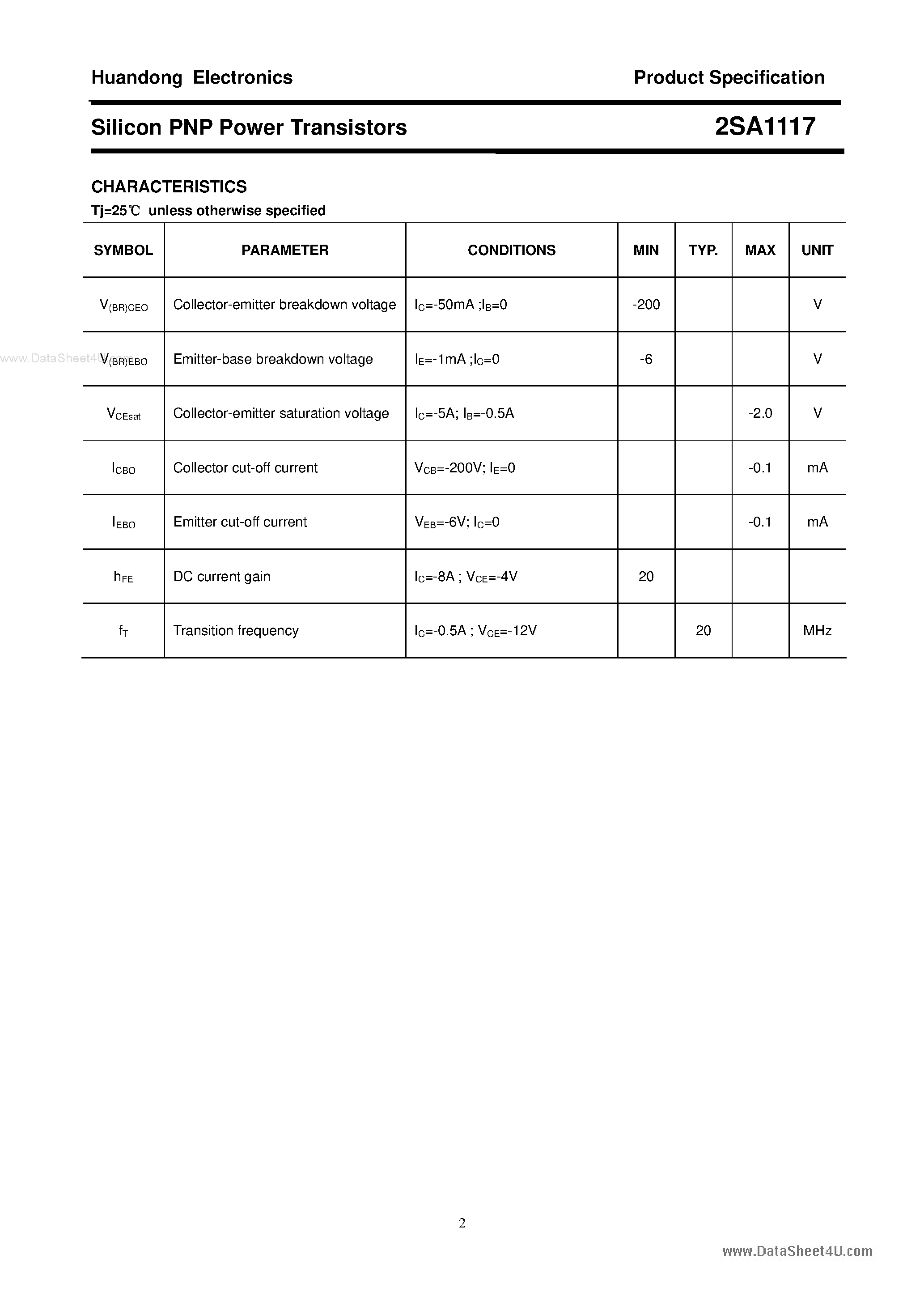 Datasheet 2SA1117 page 2 Datasheet 2SA1117 - Silicon PNP Power Transistors page 2