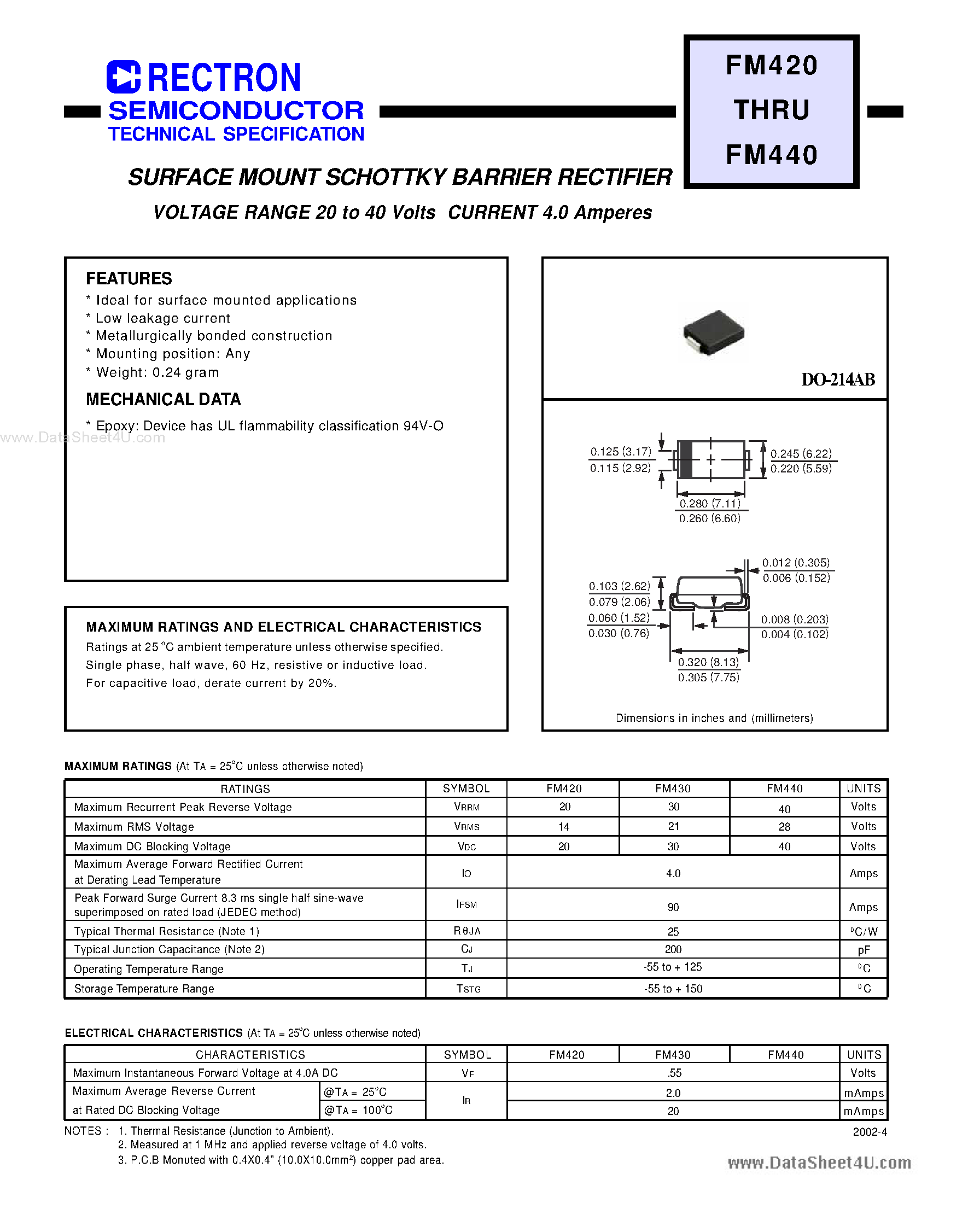Datasheet FM420 - (FM420 - FM440) SURFACE MOUNT SCHOTTKY BARRIER RECTIFIER page 1