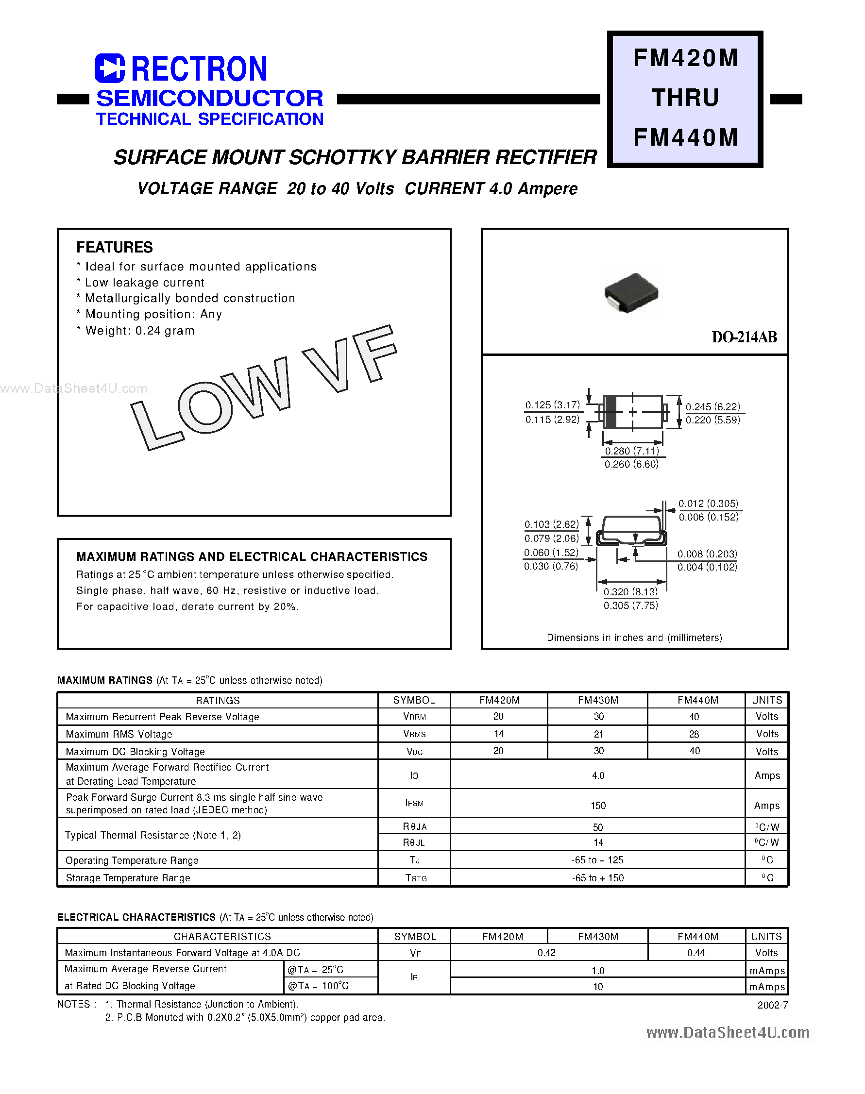 Datasheet FM420M - (FM420M - FM440M) SURFACE MOUNT SCHOTTKY BARRIER RECTIFIER page 1