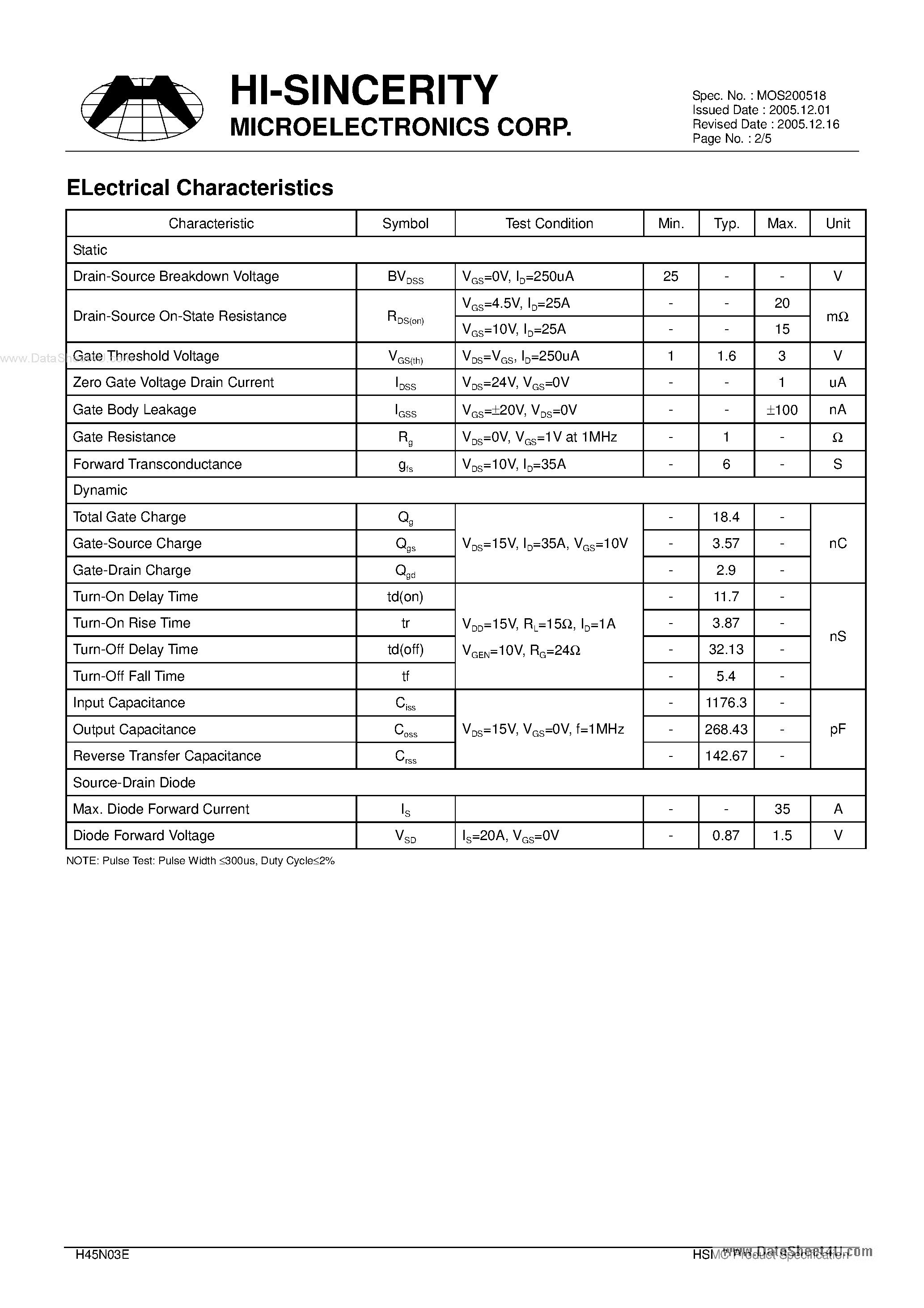 Datasheet H45N03E page 2 Datasheet H45N03E - N-Channel Enhancement-Mode MOSFET page 2