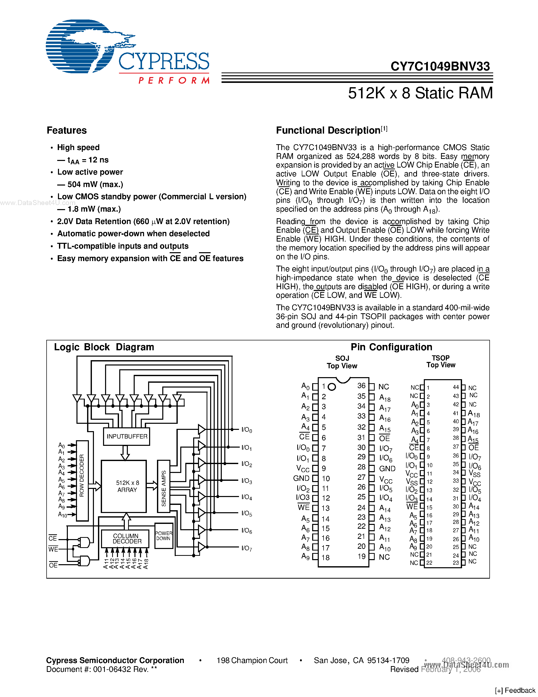 Даташит на микросхему CY7C1049BNV33 страница 1 Даташит CY7C1049BNV33 - 512K x 8 Static RAM страница 1