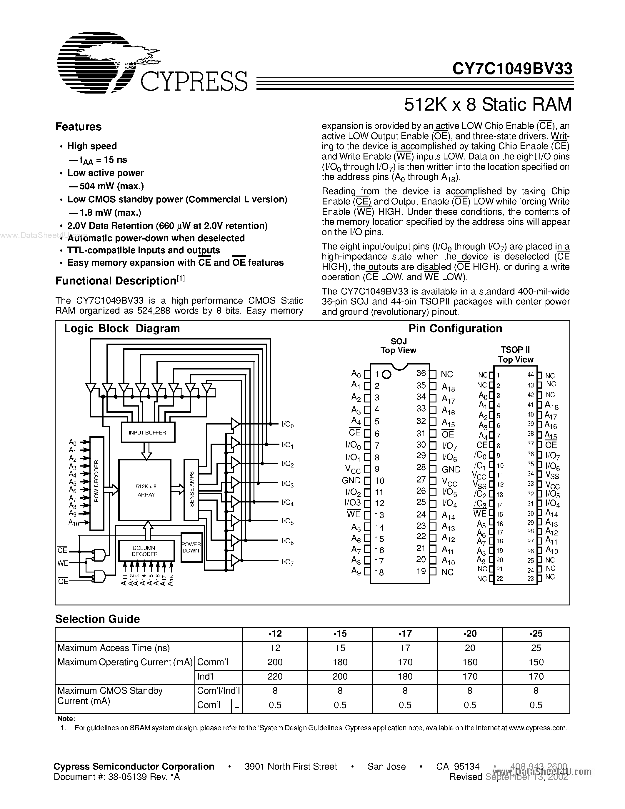 Даташит на микросхему CY7C1049BV33 страница 1 Даташит CY7C1049BV33 - 512K x 8 Static RAM страница 1