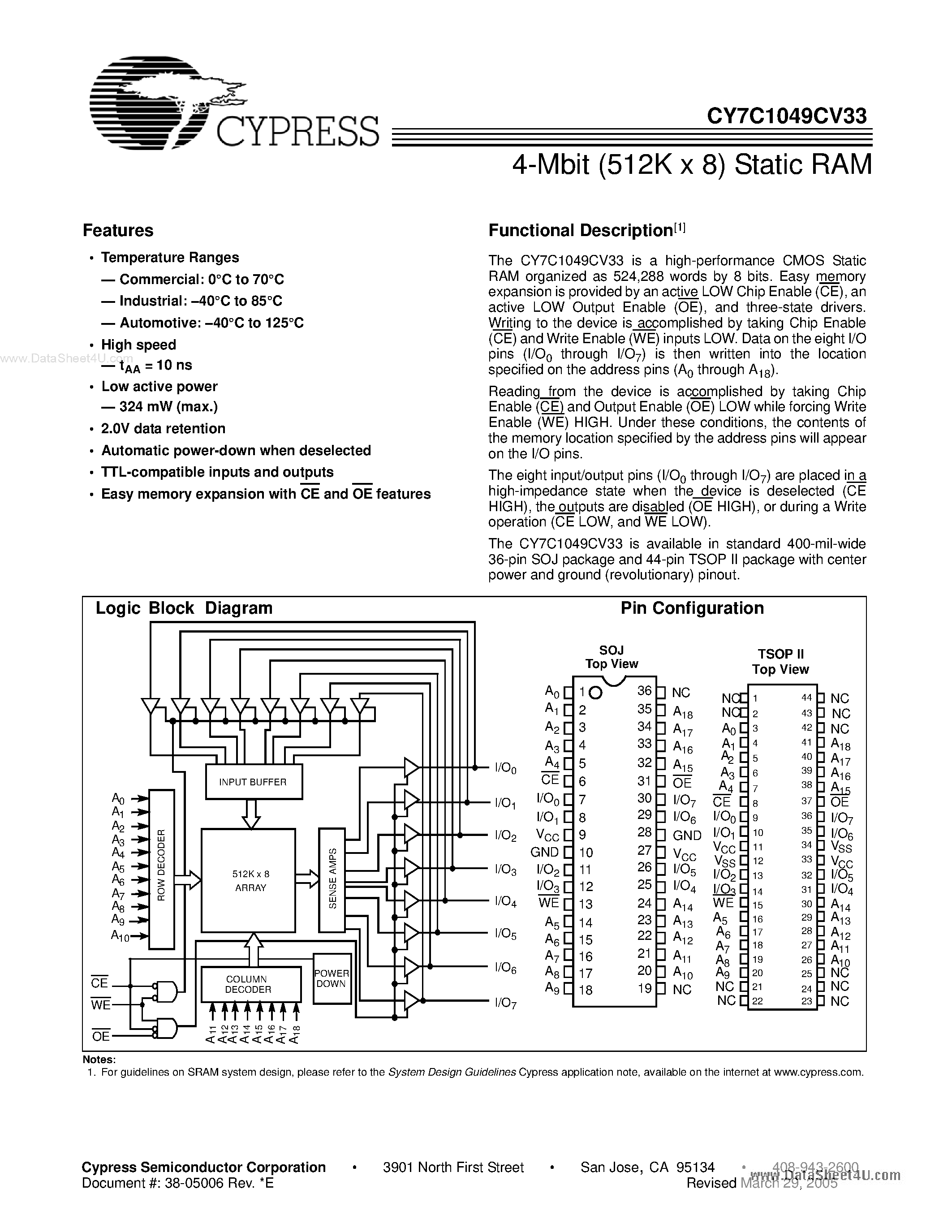Даташит на микросхему CY7C1049CV33 страница 1 Даташит CY7C1049CV33 - 512K x 8 Static RAM страница 1