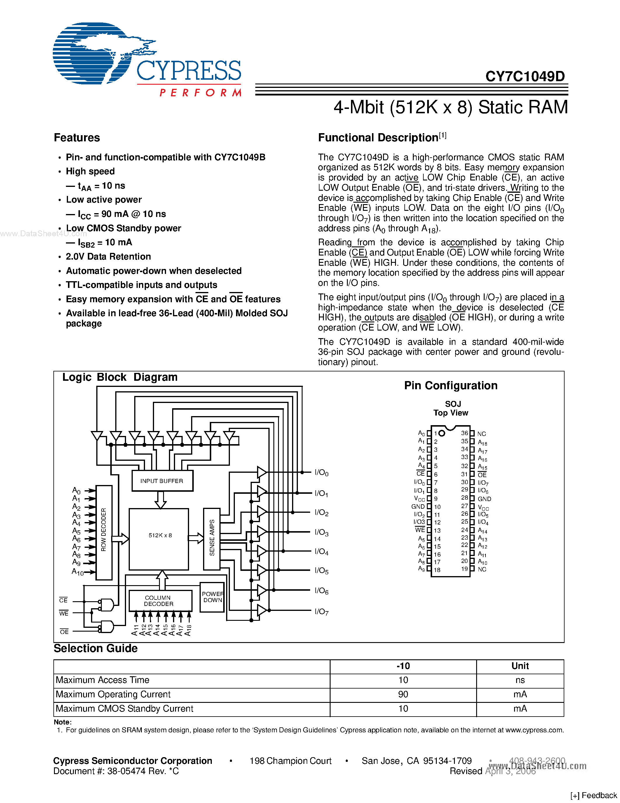 Даташит на микросхему CY7C1049D страница 1 Даташит CY7C1049D - 512K x 8 Static RAM страница 1